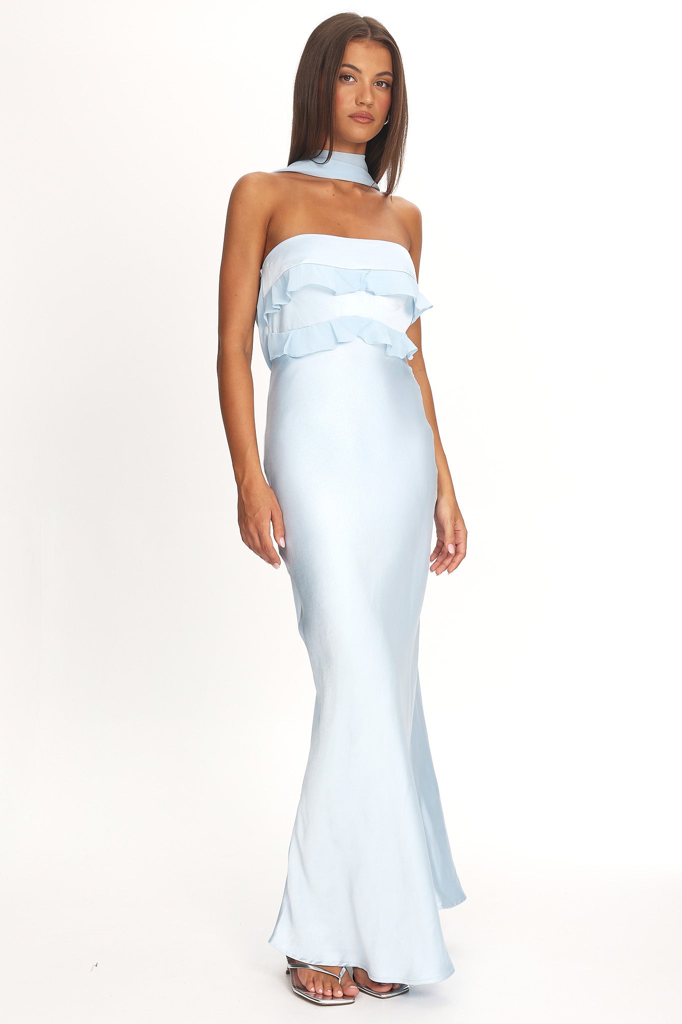Shop the Damsel Reverse Halter Frill Trim Maxi Dress Baby Blue