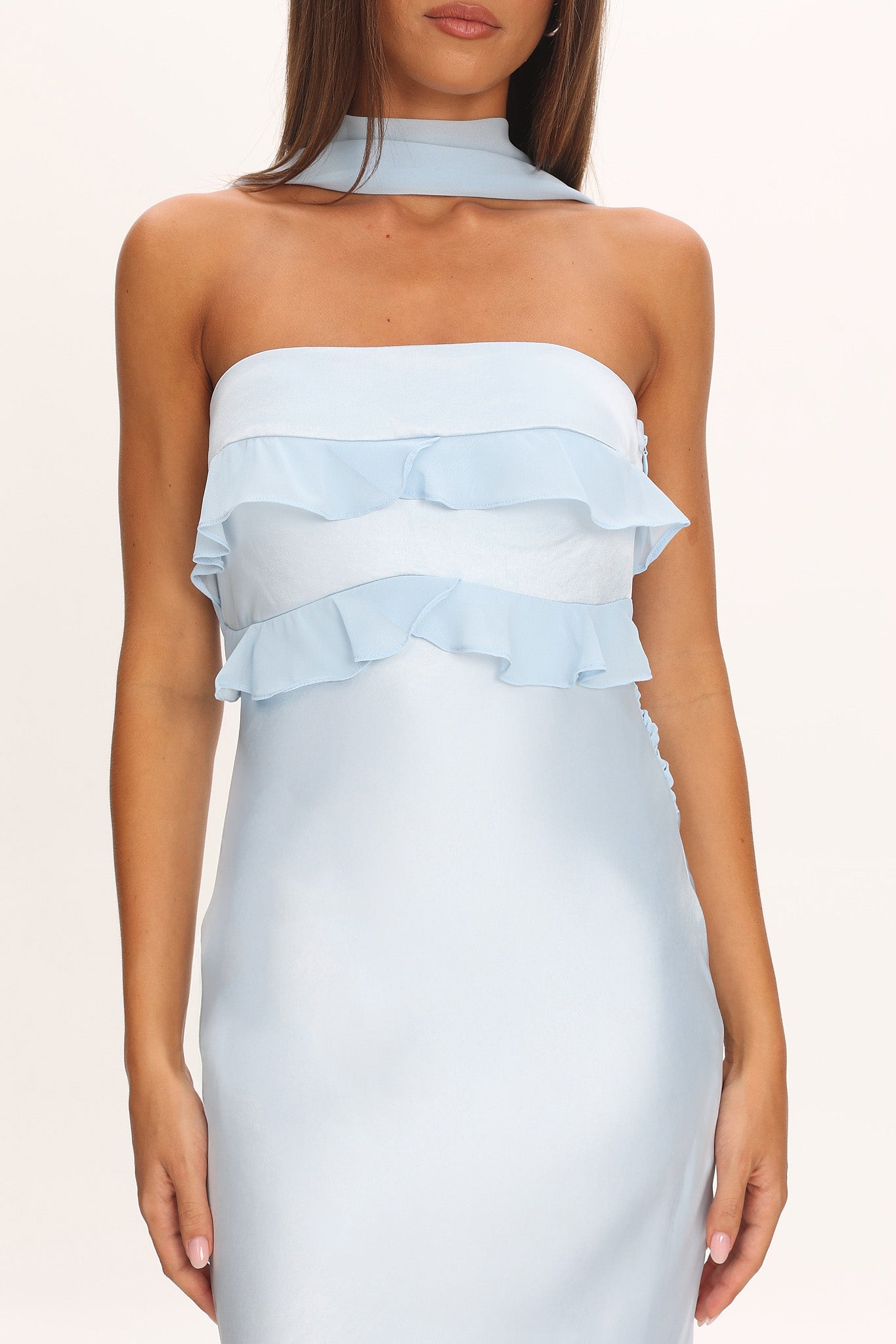 halter frill dress Damsel Reverse Halter Frill Trim Maxi Dress Baby Blue