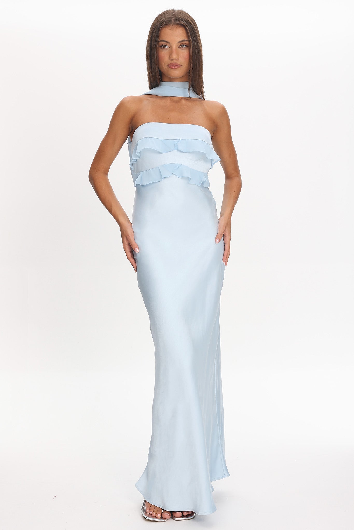 Damsel Reverse Halter Frill Trim Maxi Dress Baby Blue Damsel Reverse Halter Frill Trim Maxi Dress Baby Blue