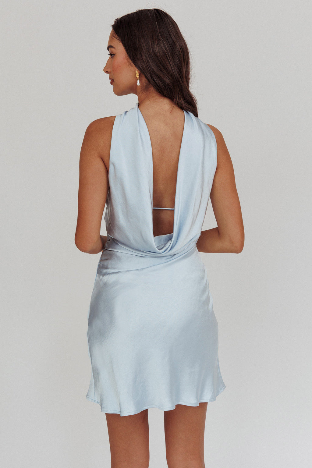 slim fit dress slacks Jasmine Halter Maxi Dress, in Baby Blue Luxe Satin, Size: Small | Show Me Your Mumu main image 1