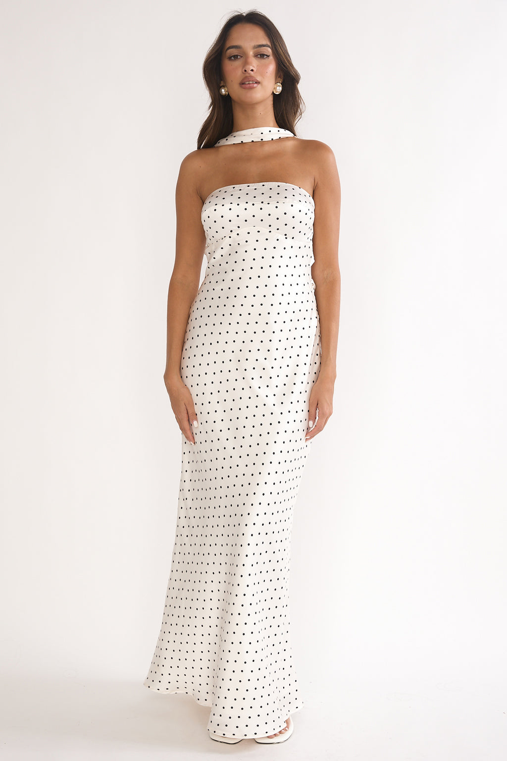 Damsel Reverse Halter Maxi Dress Polka Dot White by Selfie Leslie