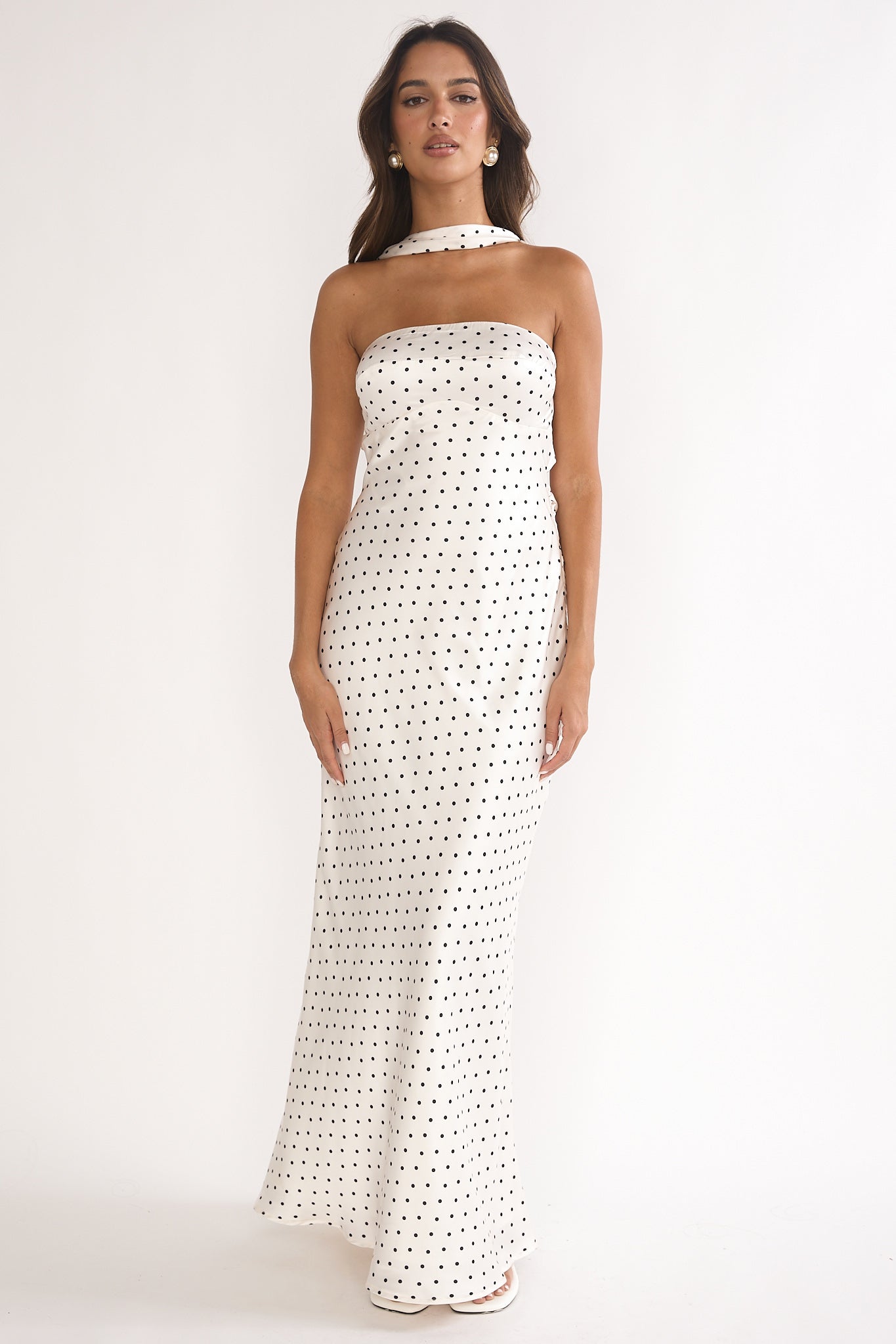 Damsel Reverse Halter Maxi Dress Polka Dot White by Selfie Leslie