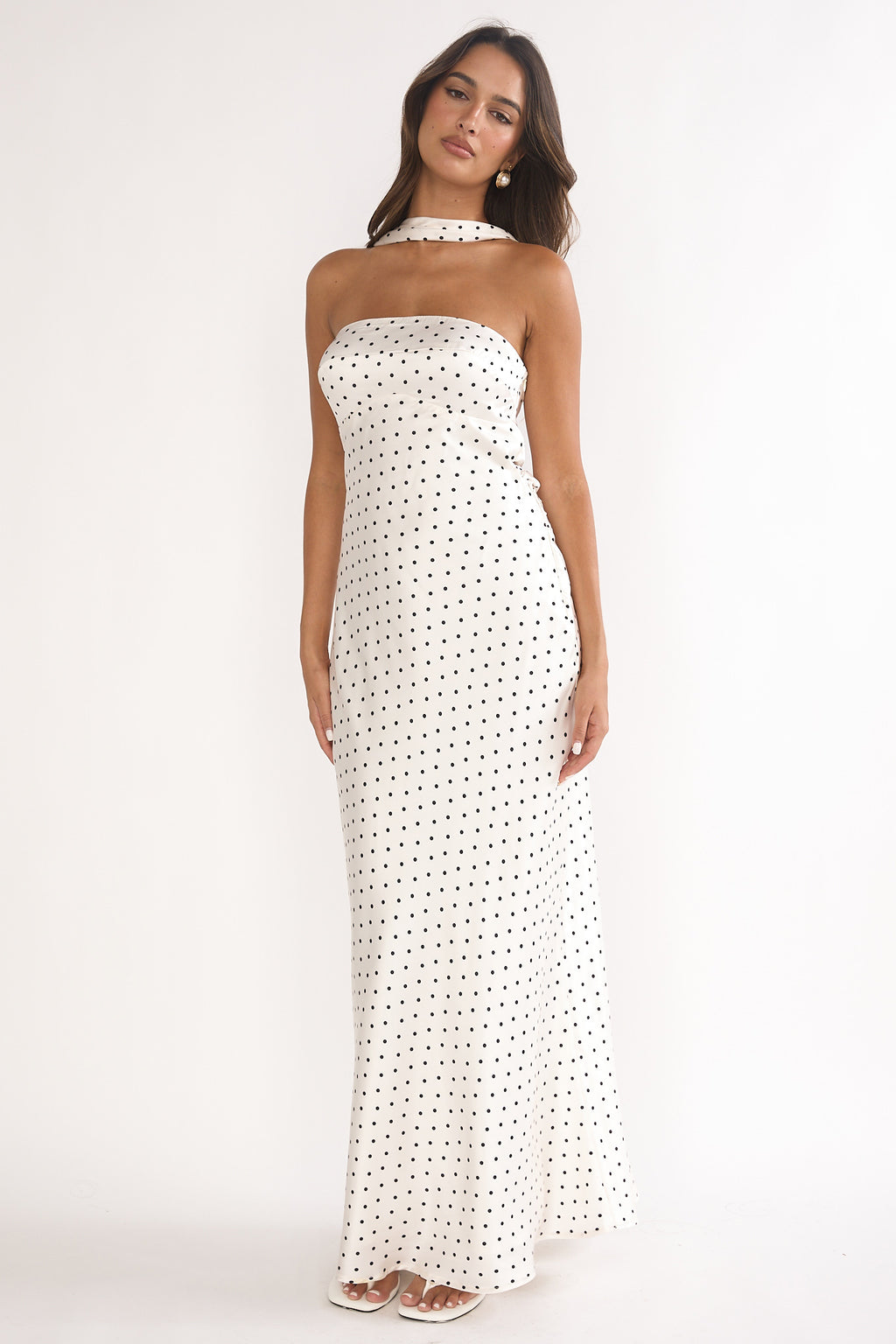 Damsel Reverse Halter Maxi Dress Polka Dot White by Selfie Leslie