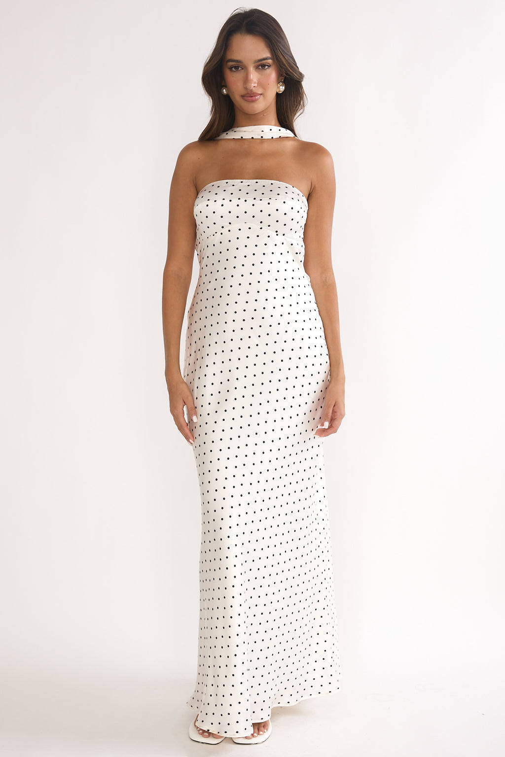 Damsel Reverse Halter Maxi Dress Polka Dot White by Selfie Leslie