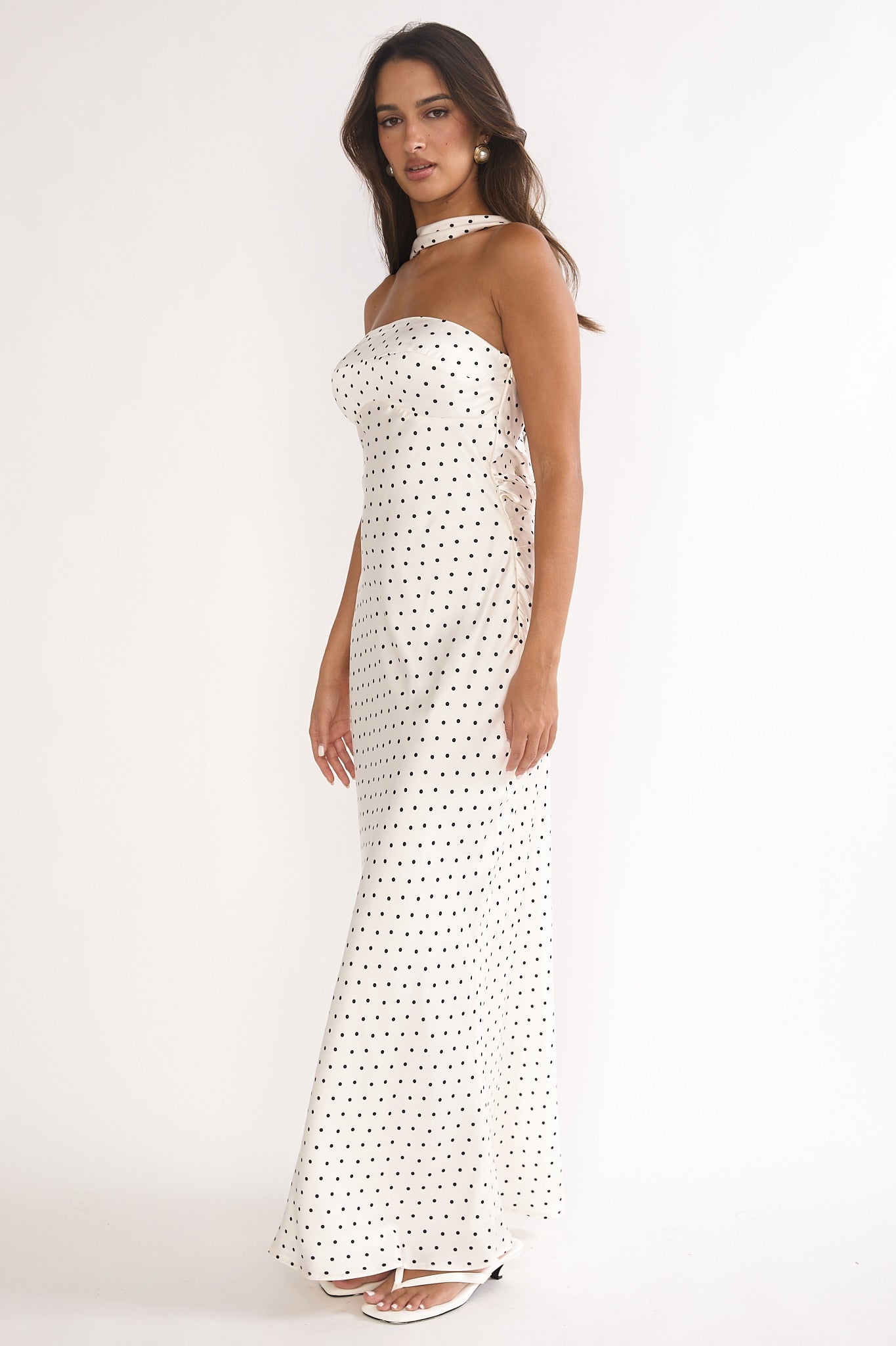 Damsel Reverse Halter Maxi Dress Polka Dot White by Selfie Leslie