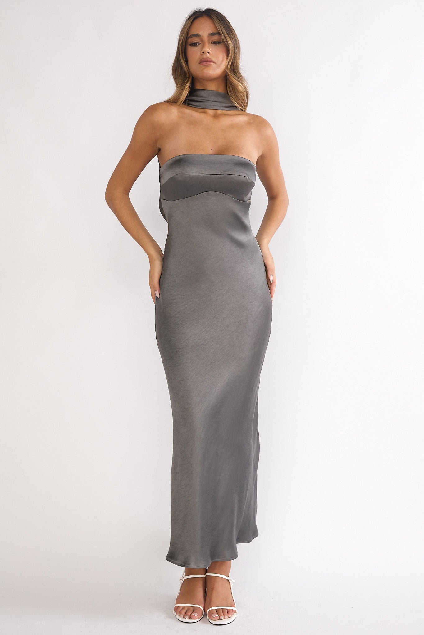 Damsel Reverse Halter Maxi Dress Satin Charcoal | Selfie Leslie