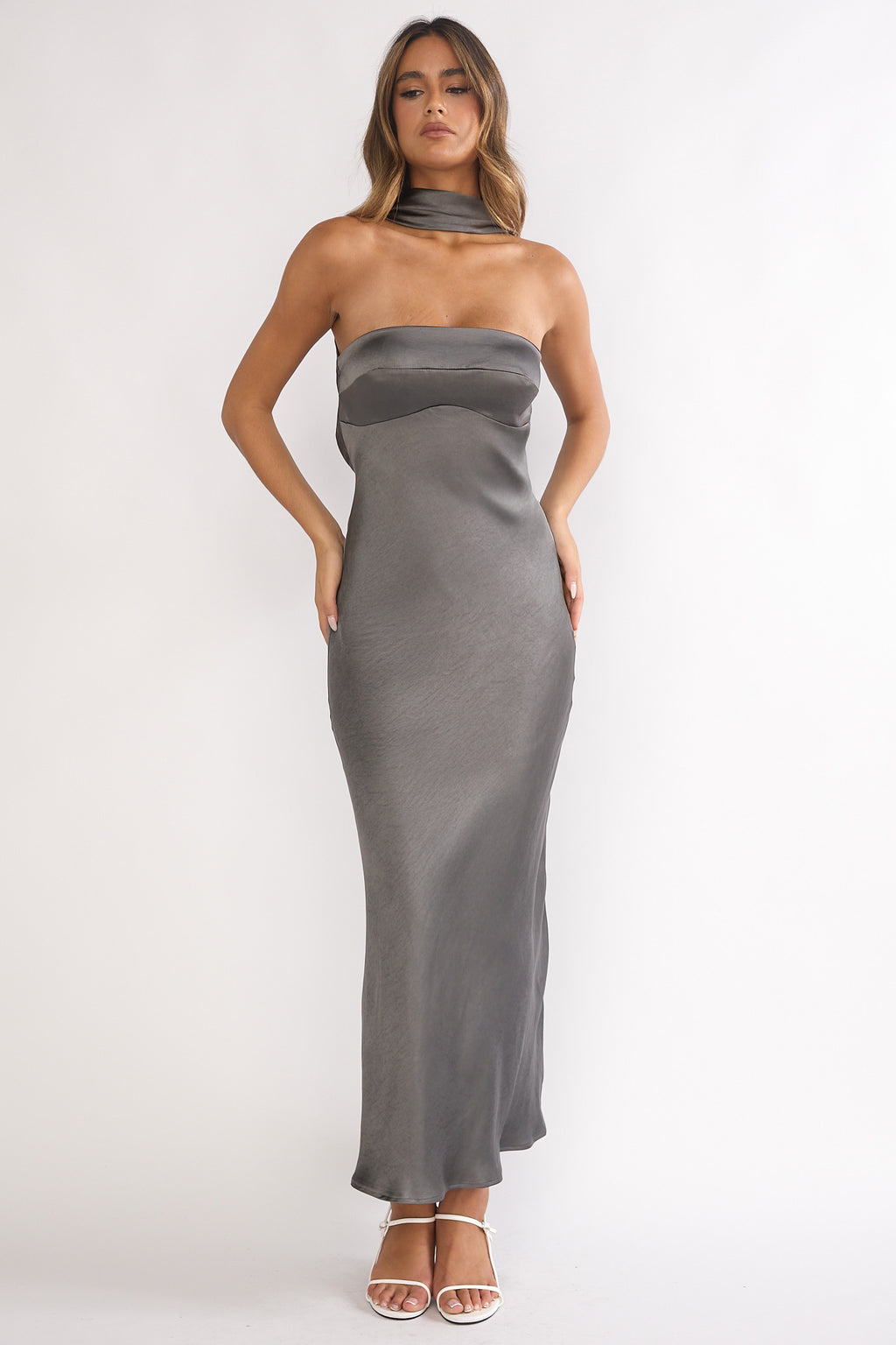 Damsel Reverse Halter Maxi Dress Satin Charcoal - M Damsel Reverse Halter Maxi Dress Satin Charcoal - M