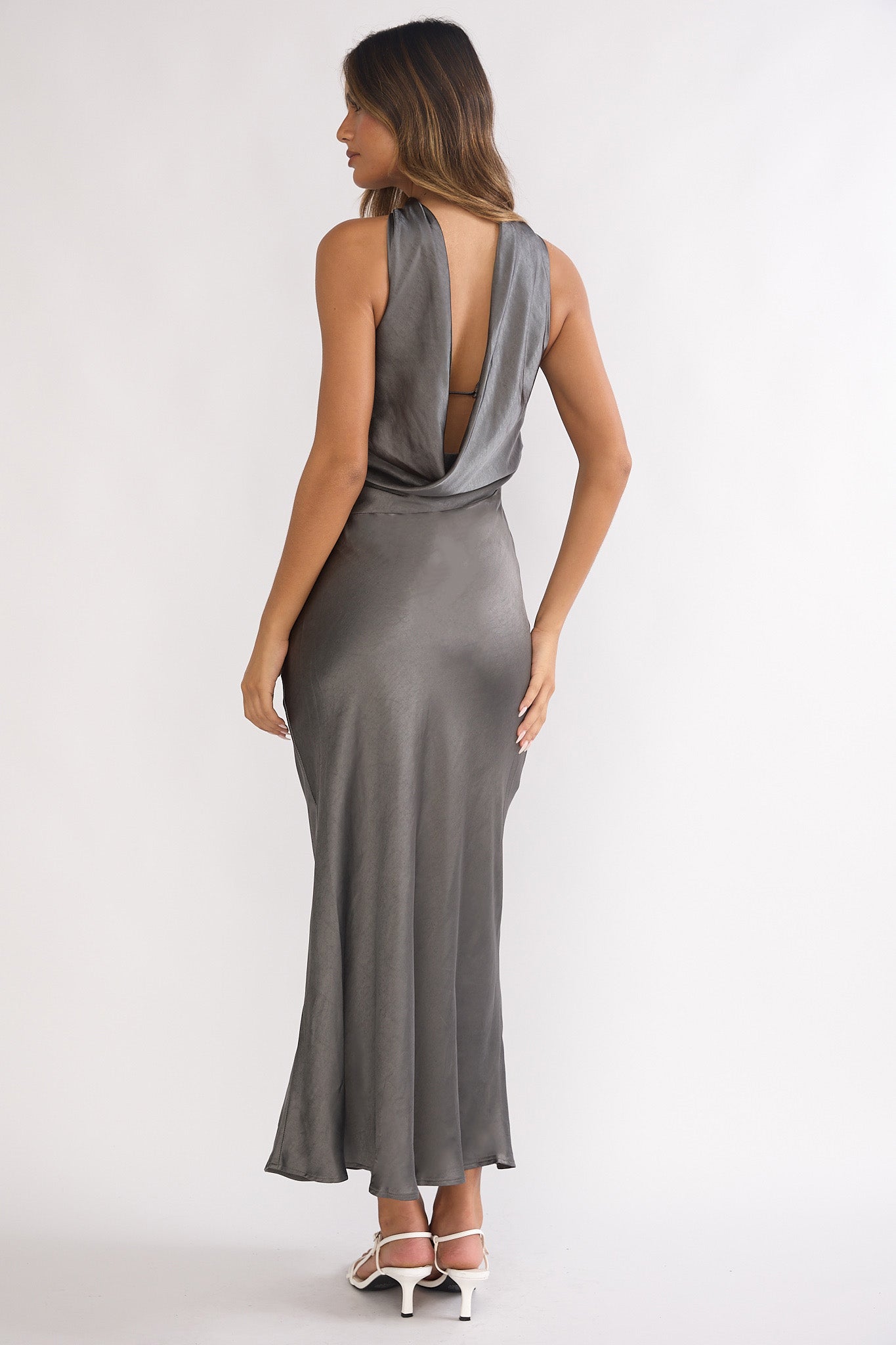 Damsel Reverse Halter Maxi Dress Satin Charcoal - M Damsel Reverse Halter Maxi Dress Satin Charcoal - M