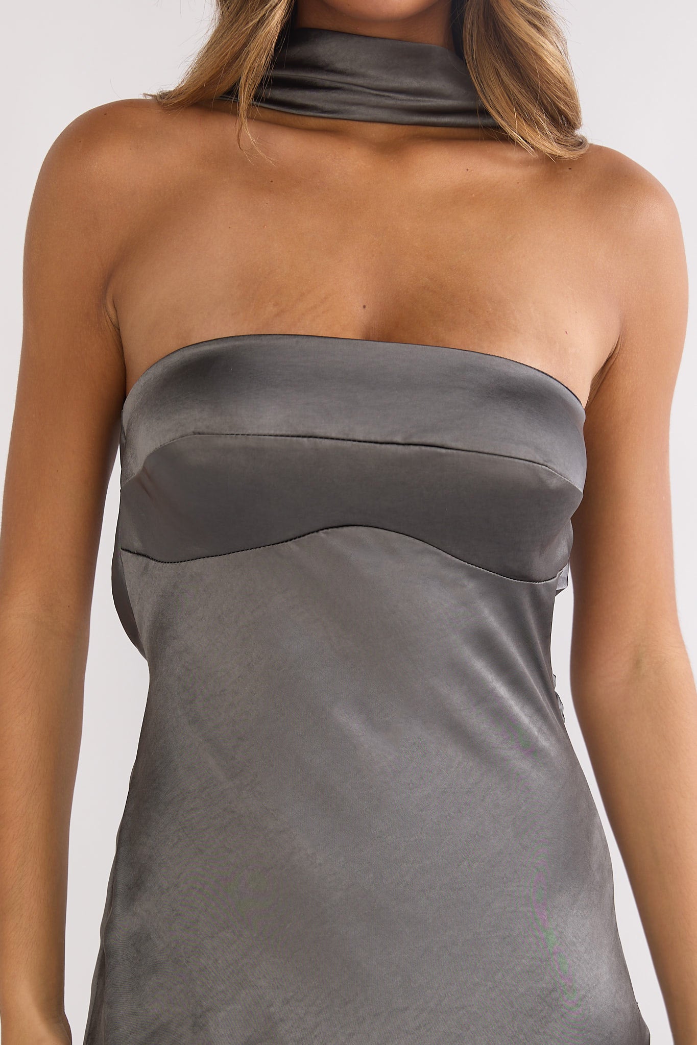 Damsel Reverse Halter Maxi Dress Satin Charcoal by Selfie Leslie