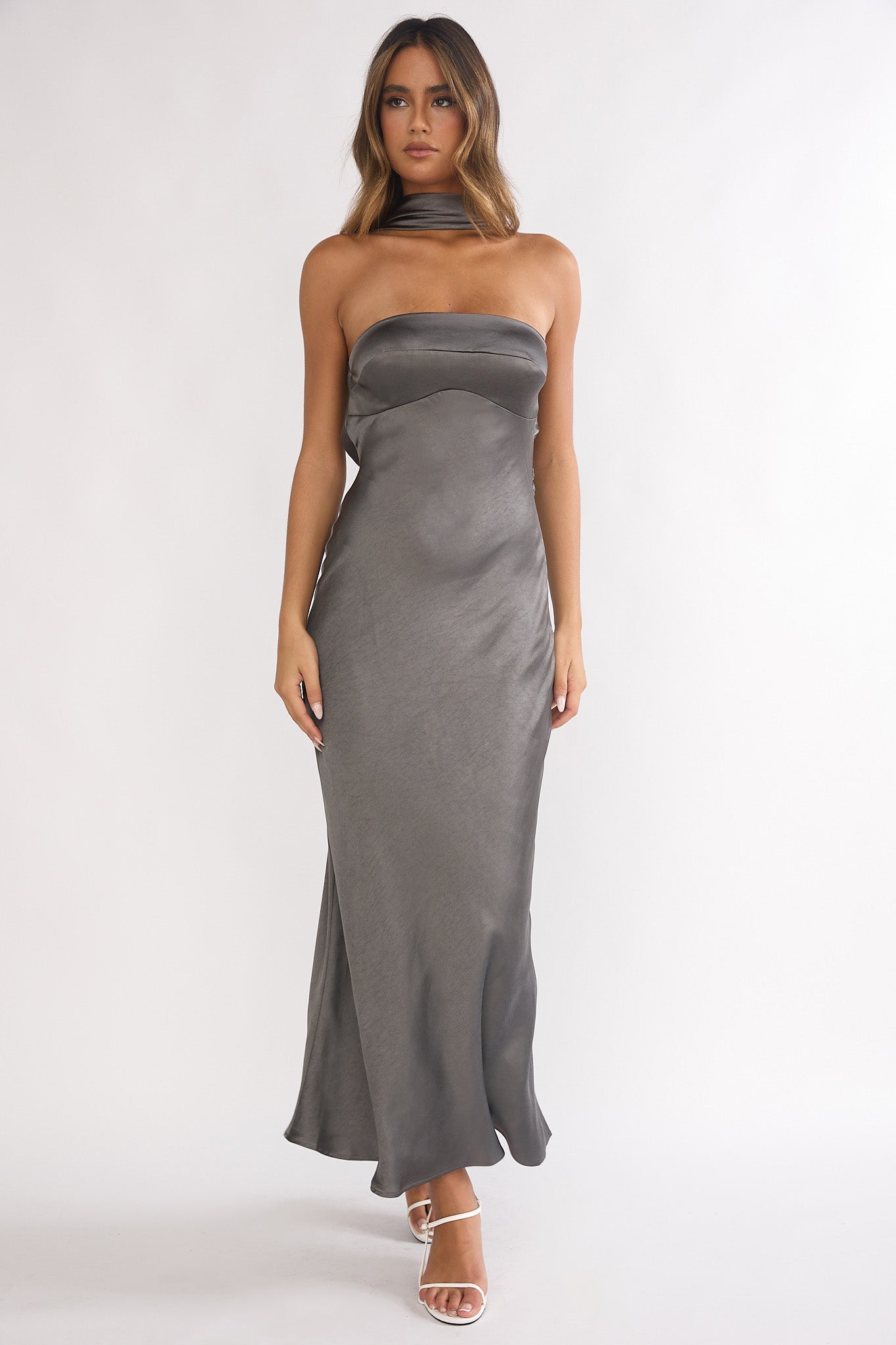 Damsel Reverse Halter Maxi Dress Satin Charcoal | Selfie Leslie