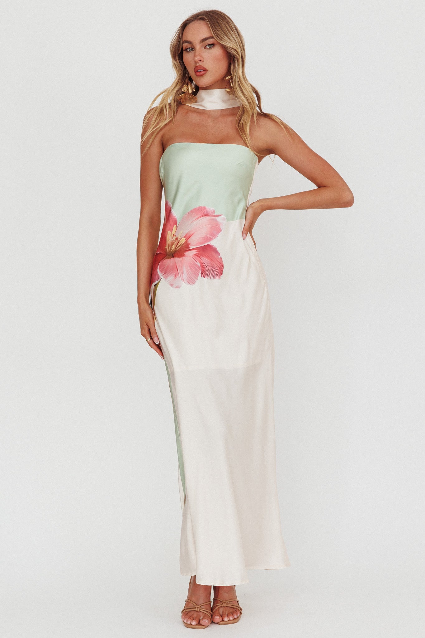 Damsel Reverse Halter Maxi Dress Flower Green by Selfie Leslie