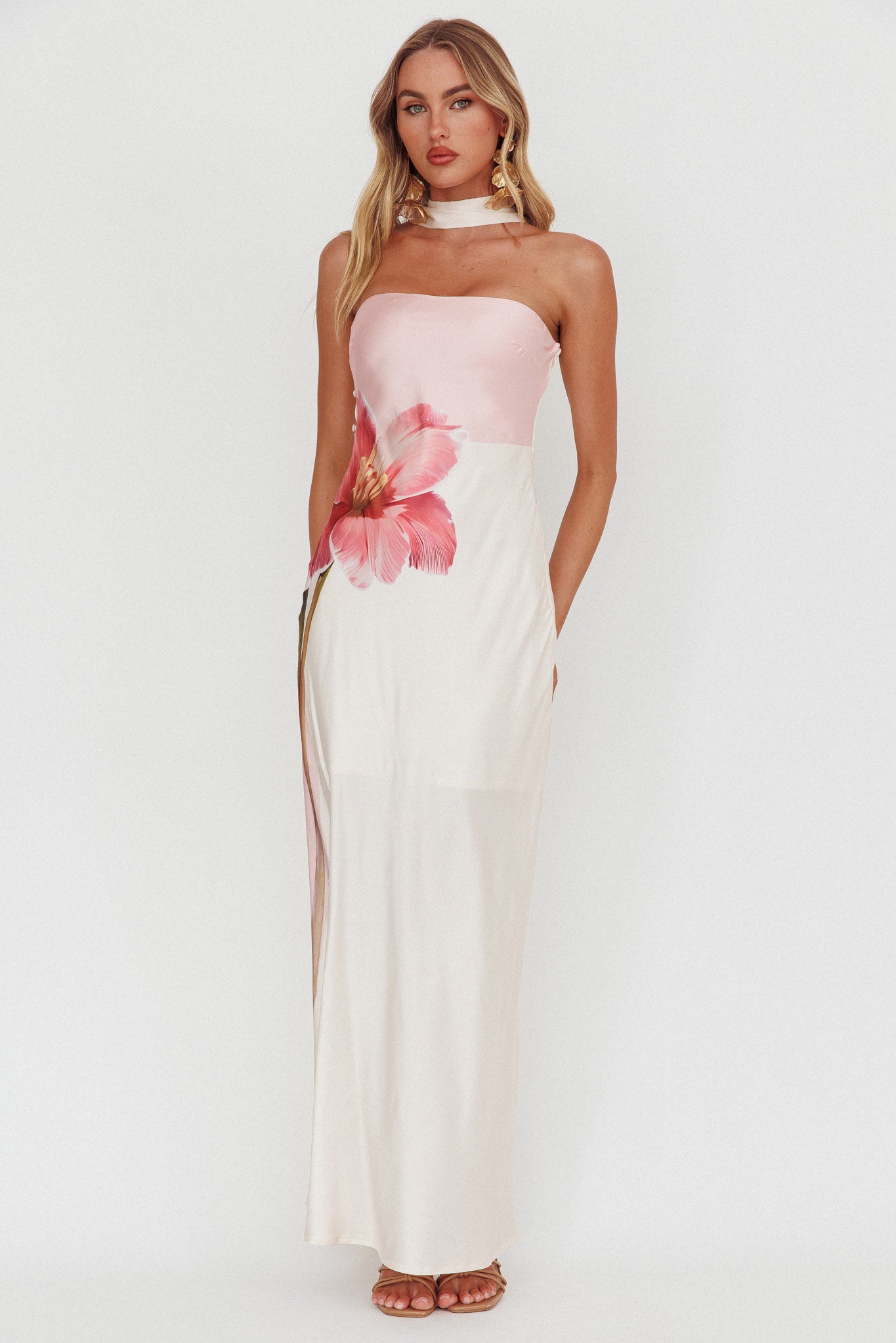 Damsel Reverse Halter Maxi Dress Flower Pink by Selfie Leslie