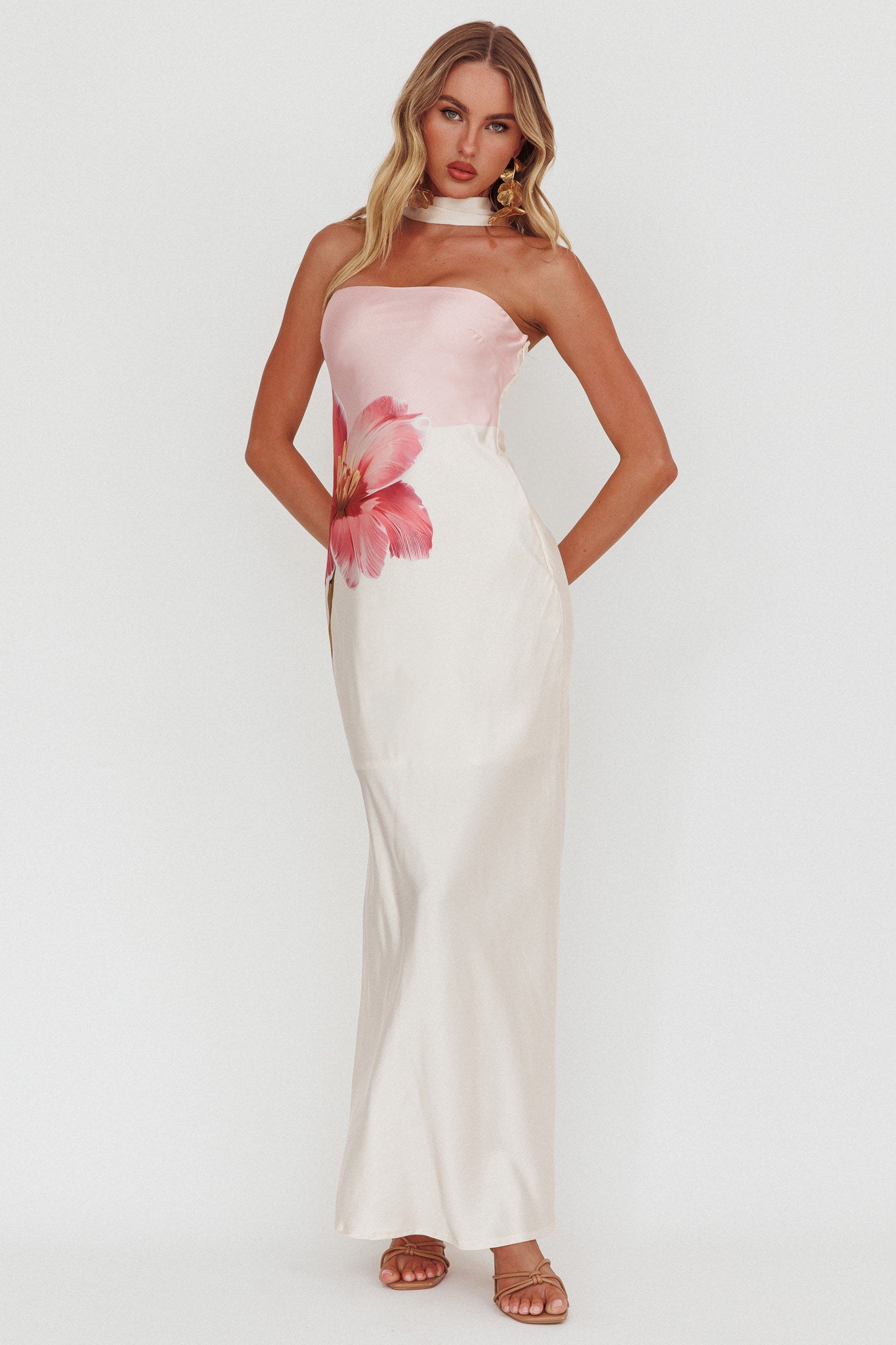 Damsel Reverse Halter Maxi Dress Flower Pink | Selfie Leslie