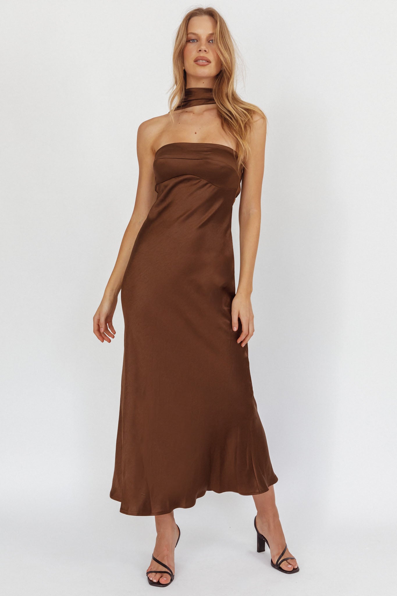 Damsel Reverse Halter Maxi Dress Satin Chocolate by Selfie Leslie