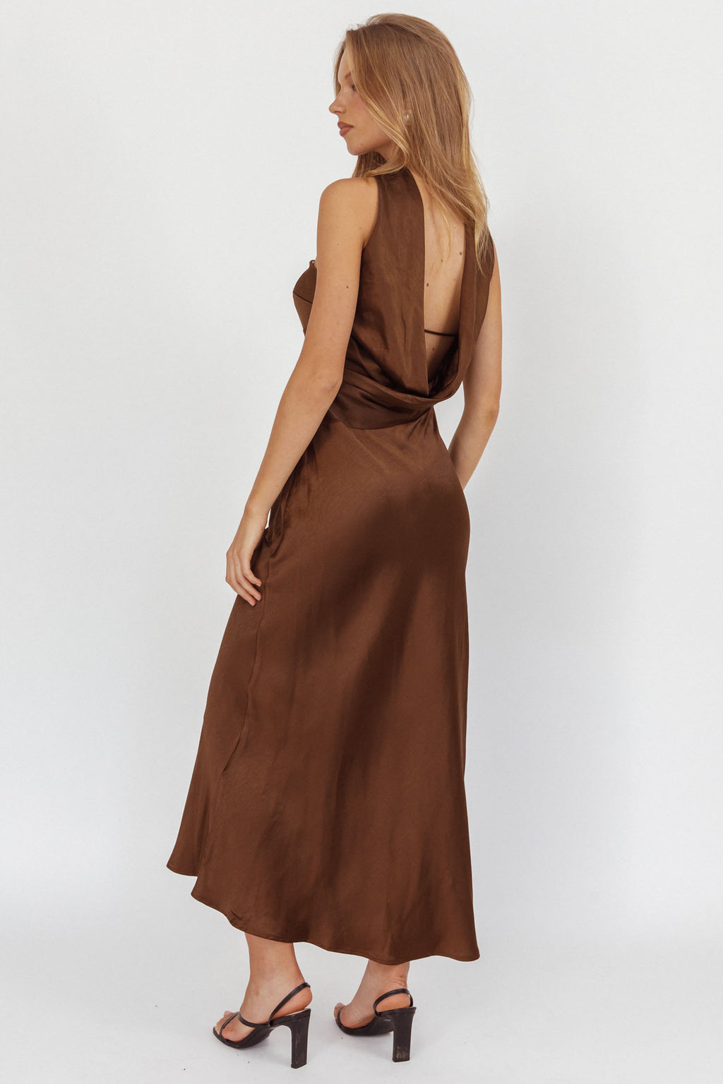 Damsel Reverse Halter Maxi Dress Satin Chocolate by Selfie Leslie