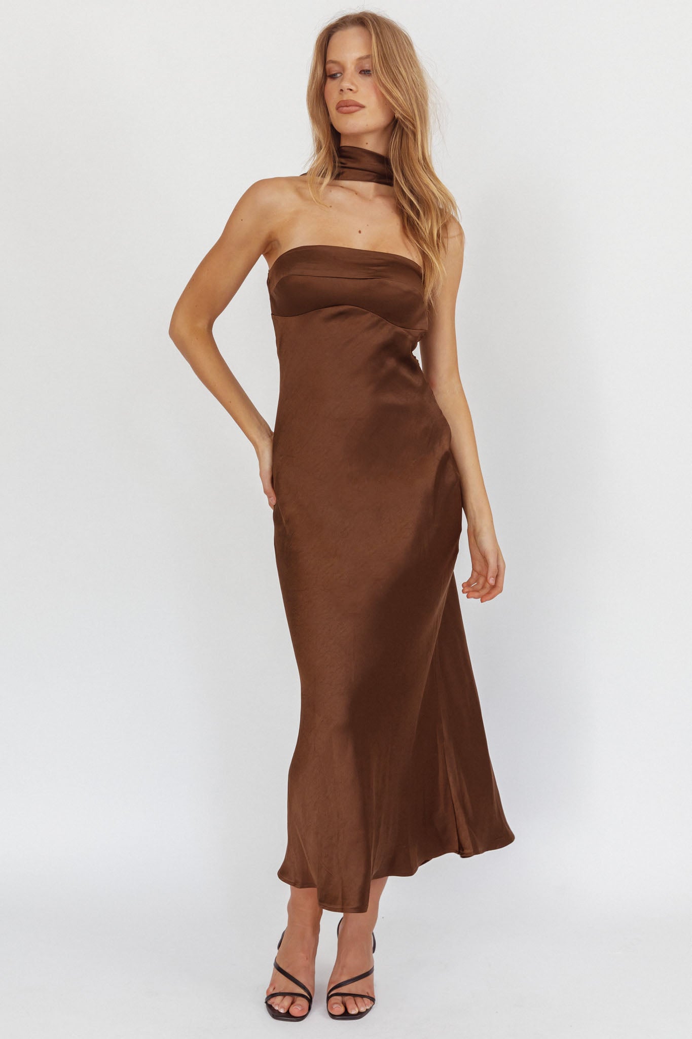 Damsel Reverse Halter Maxi Dress Satin Chocolate by Selfie Leslie