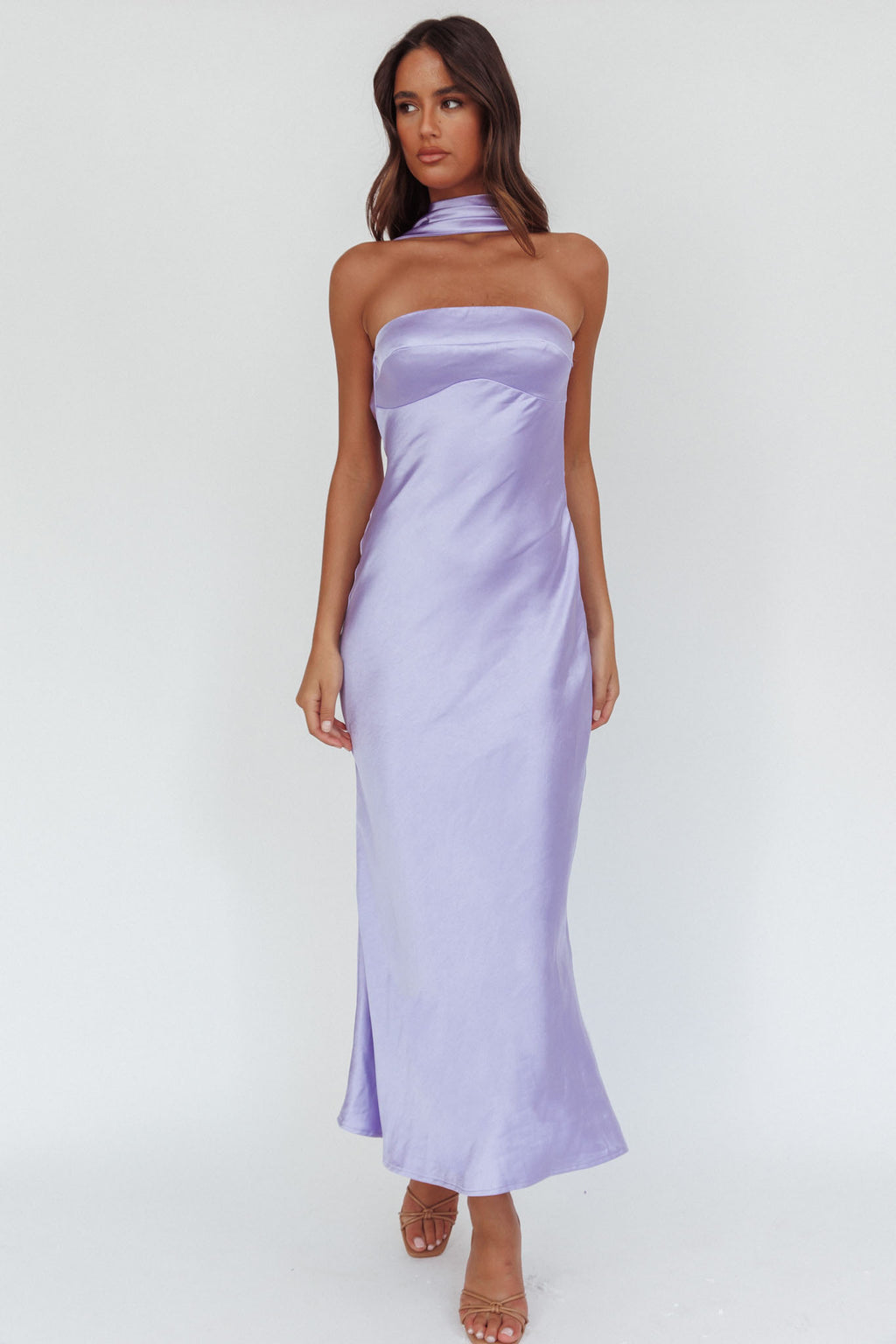 Damsel Reverse Halter Maxi Dress Satin Lilac by Selfie Leslie