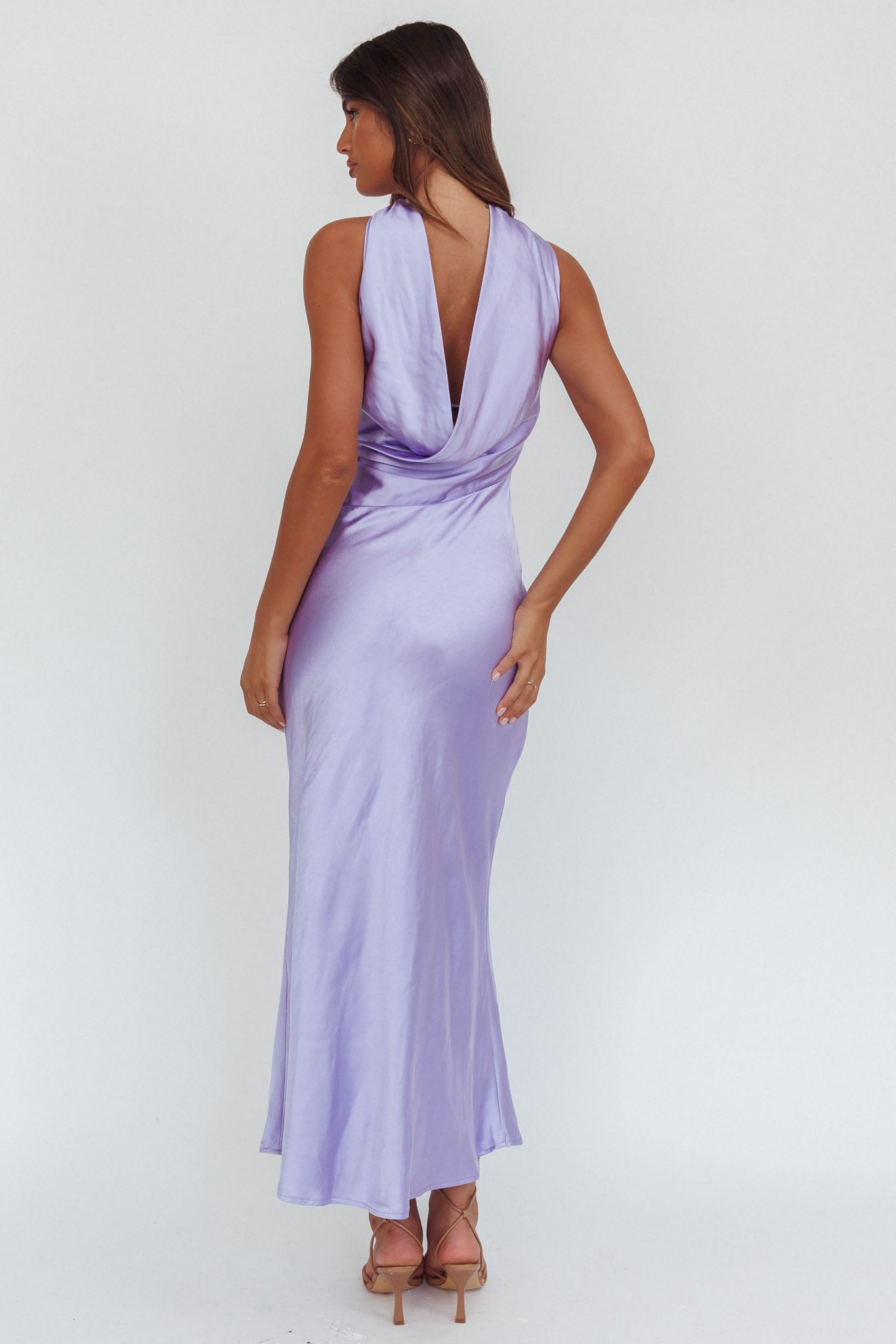 Damsel Reverse Halter Maxi Dress Satin Lilac by Selfie Leslie