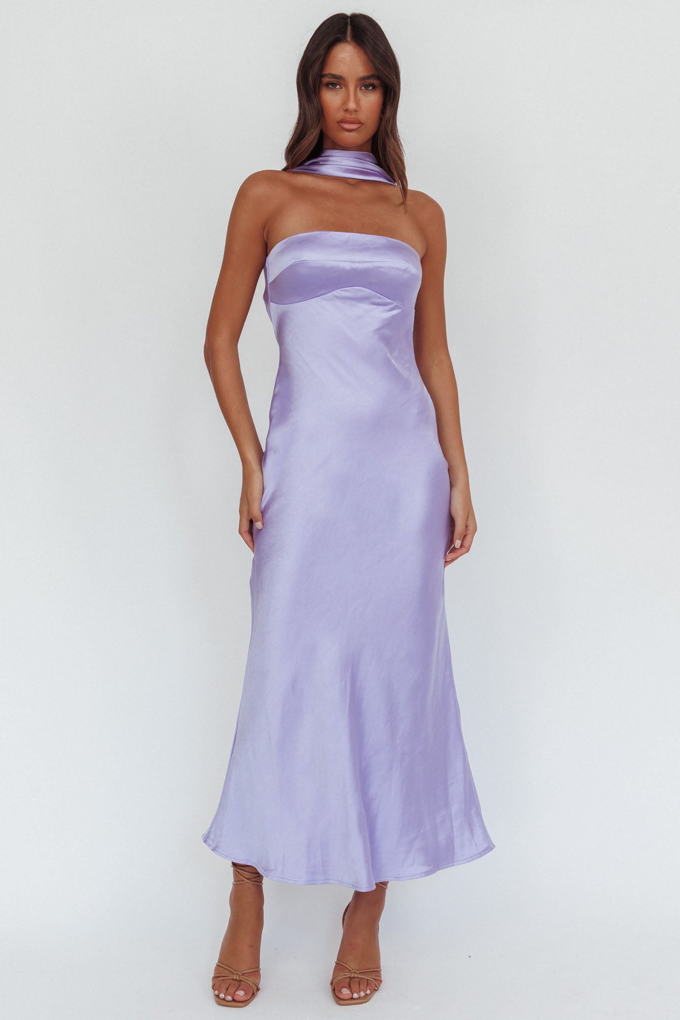 Damsel Reverse Halter Maxi Dress Satin Lilac by Selfie Leslie