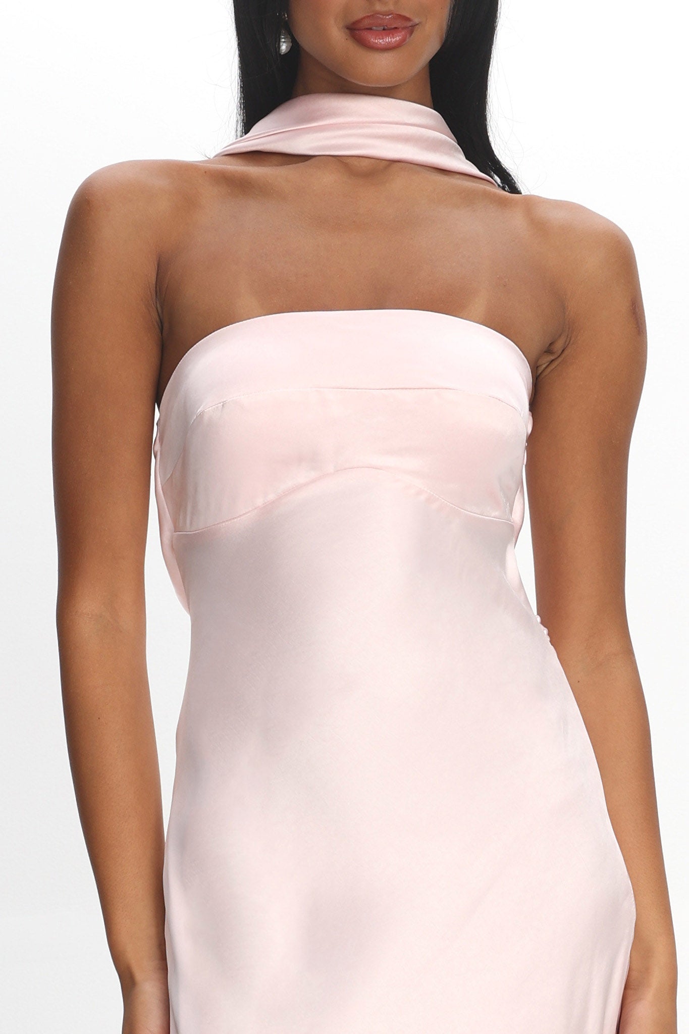 reverse halter neck dress Draped halter-neck dress with flower motif