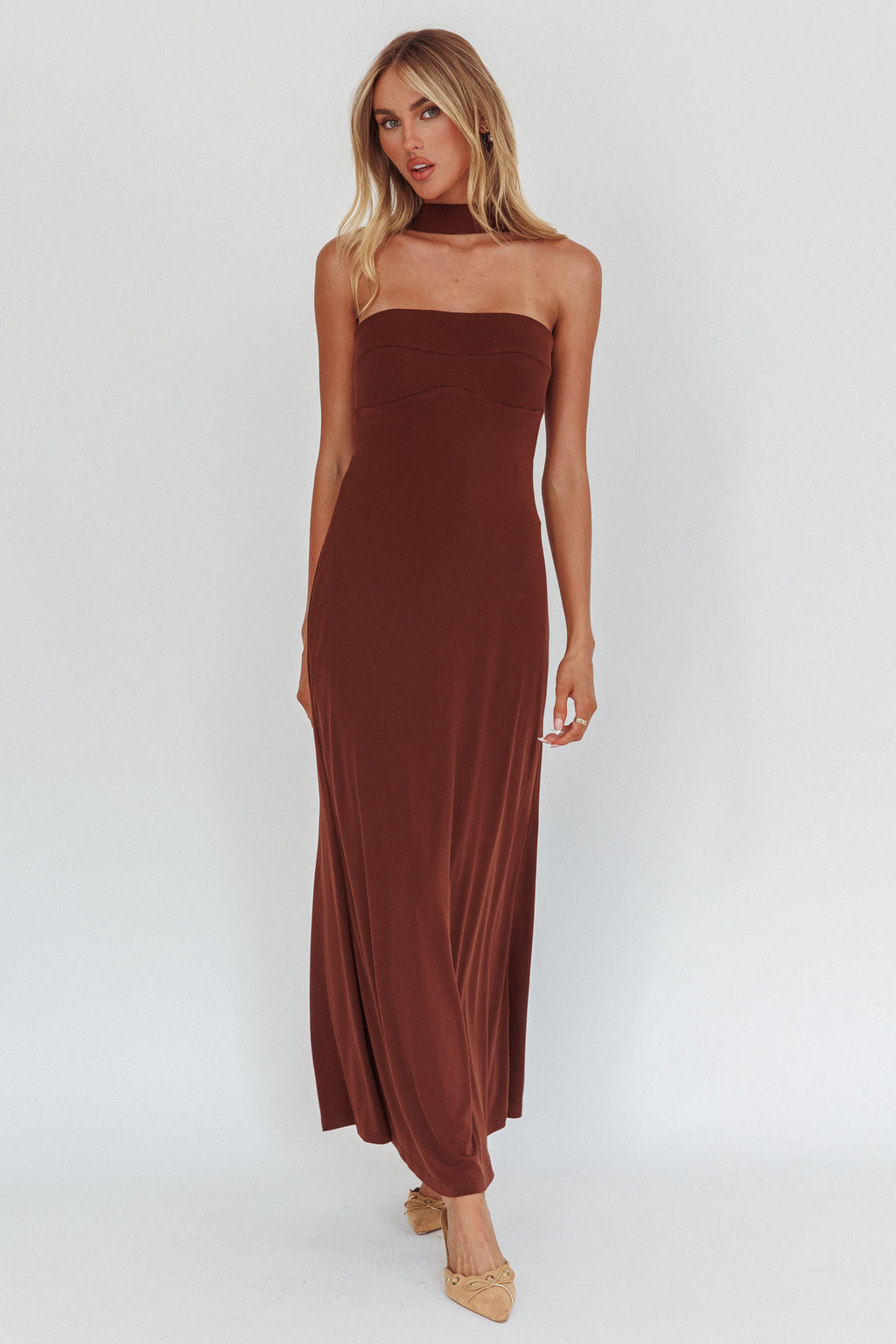 Damsel Reverse Halter Maxi Dress Chocolate by Selfie Leslie