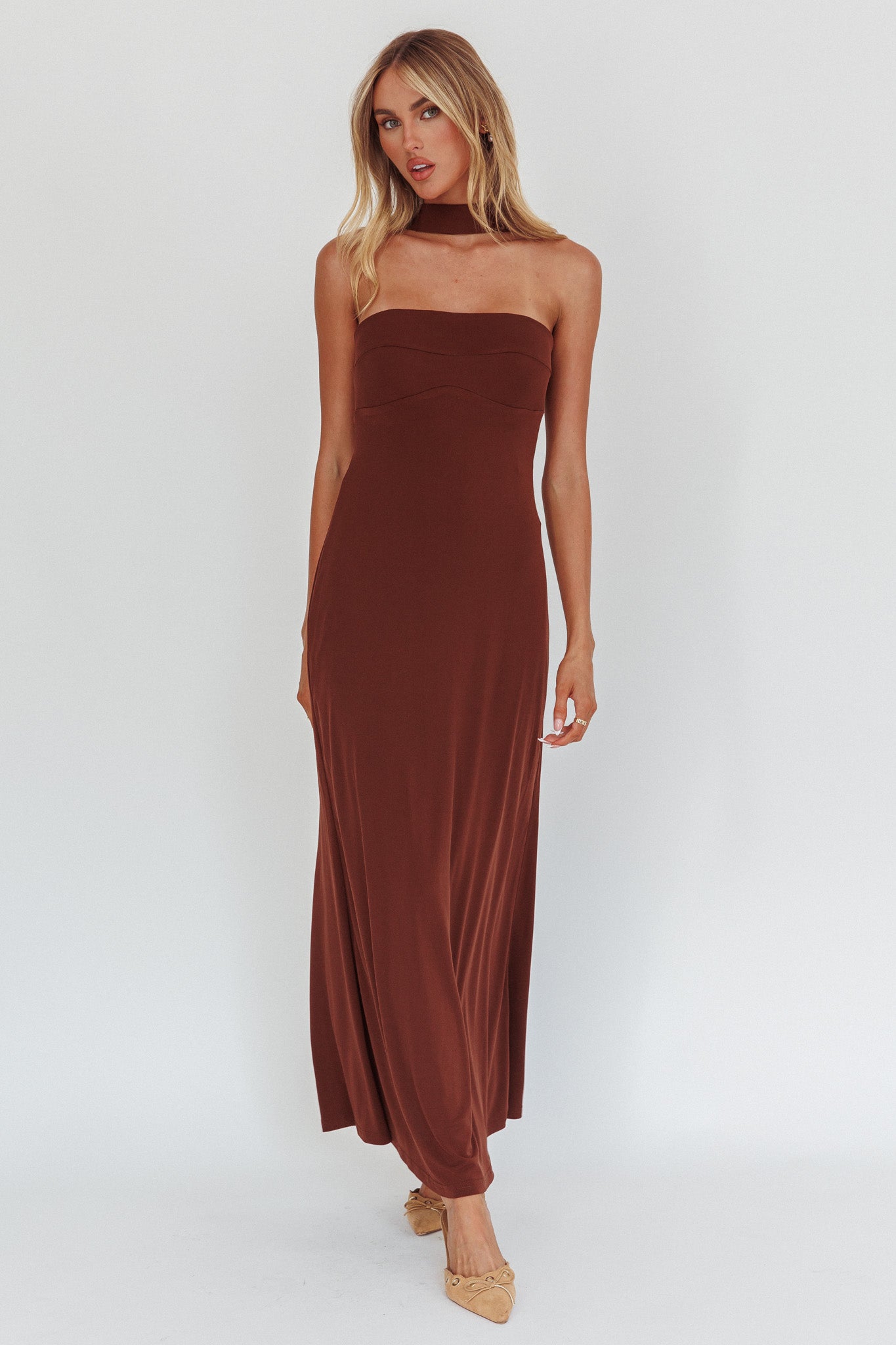 Damsel Reverse Halter Maxi Dress Chocolate by Selfie Leslie