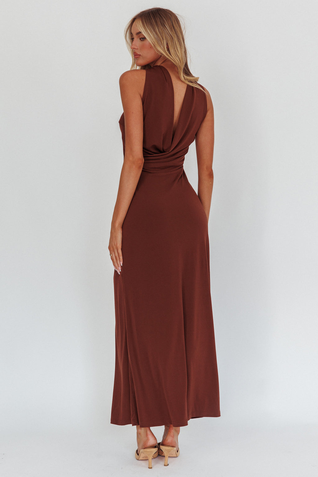 Damsel Reverse Halter Maxi Dress Chocolate by Selfie Leslie