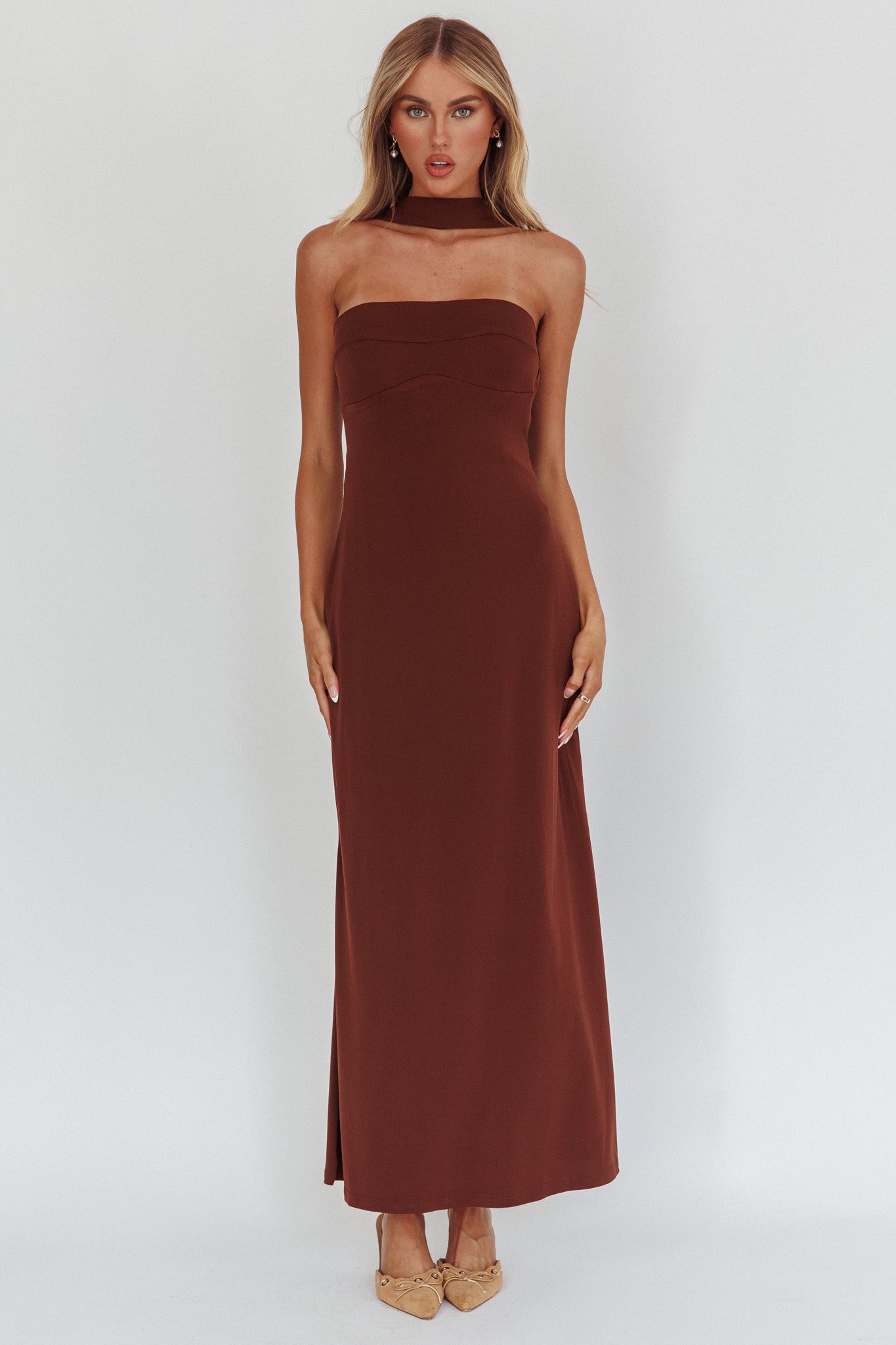 Damsel Reverse Halter Maxi Dress Chocolate by Selfie Leslie