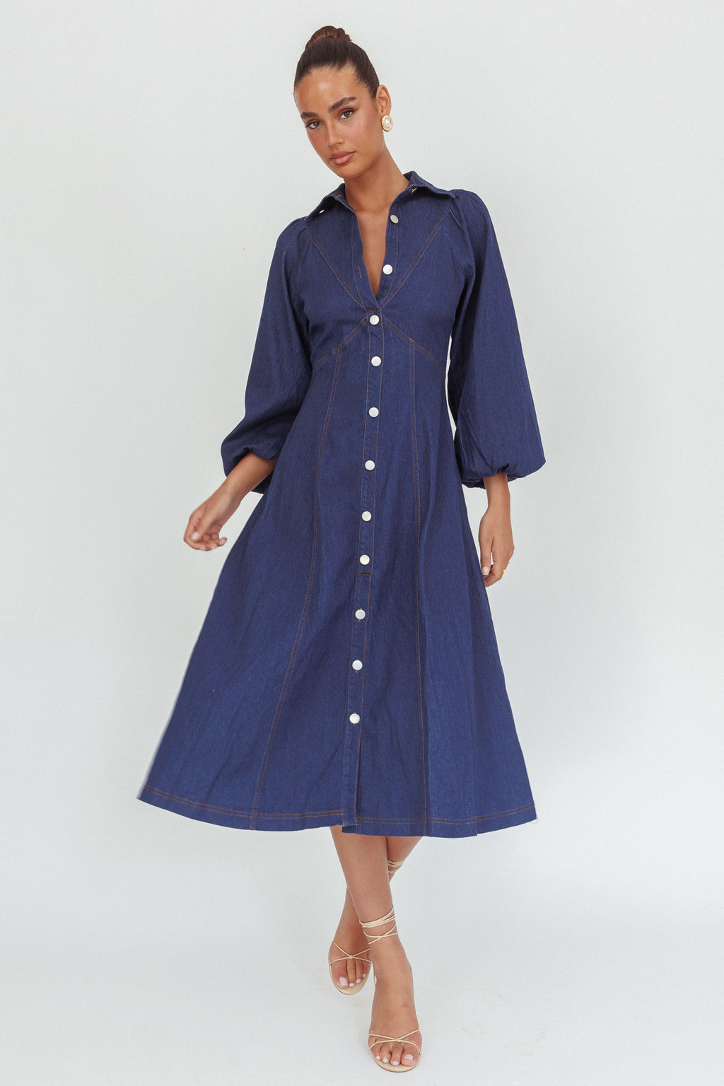 Ania Long Balloon Style Midi Dress Dark Denim by Selfie Leslie