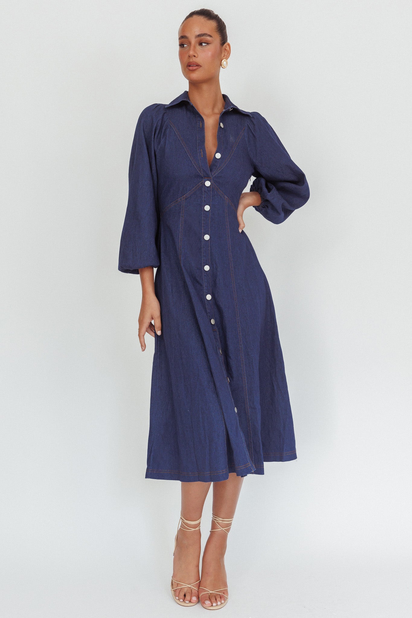 Ania Long Balloon Style Midi Dress Dark Denim by Selfie Leslie
