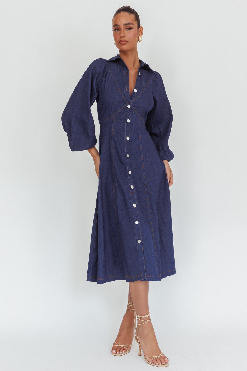 Ania Long Balloon Style Midi Dress Dark Denim by Selfie Leslie