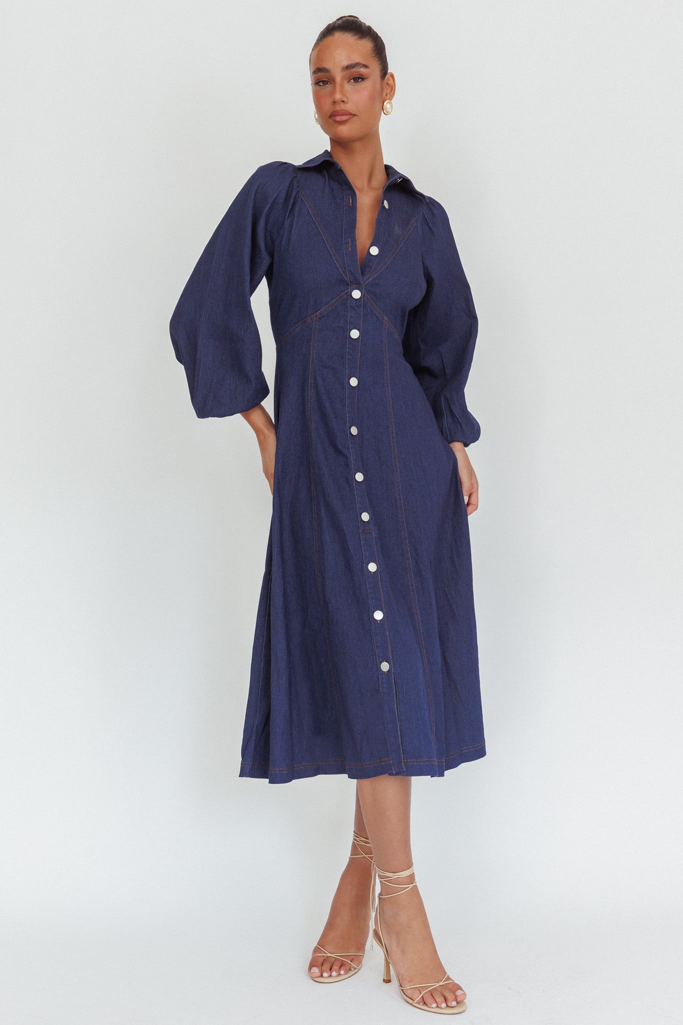Ania Long Balloon Style Midi Dress Dark Denim by Selfie Leslie
