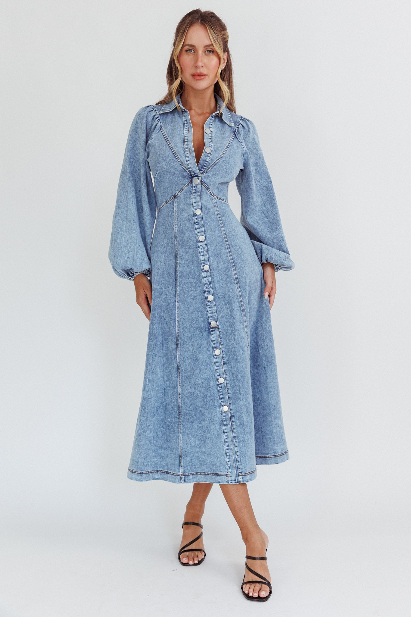 Shop the Ania Long Balloon Style Midi Dress Denim Blue