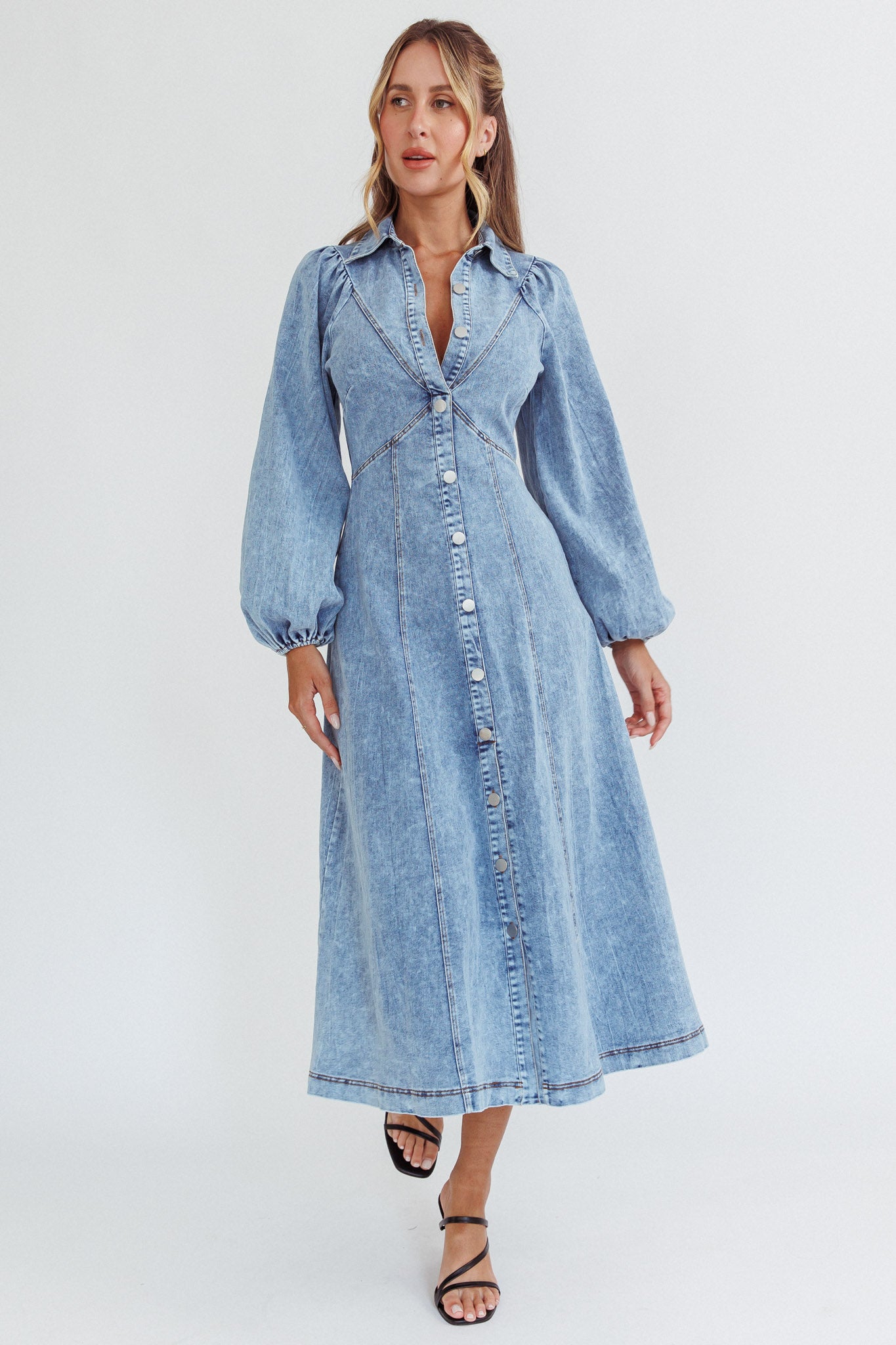 Ania Long Balloon Style Midi Dress Denim Blue Selfie Leslie Ania Long Balloon Style Midi Dress Denim Blue Selfie Leslie