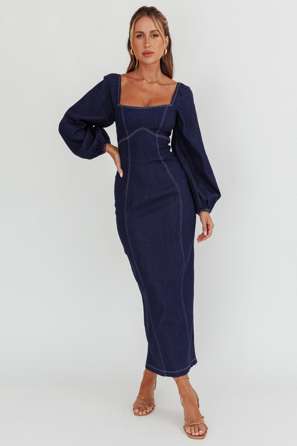 fitted lace wedding dress Bay Side Long Sleeve Denim Midi Dress Indigo– Selfie Leslie