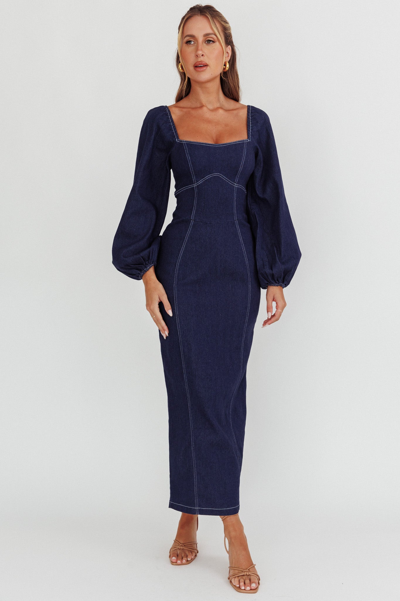 Bay Side Long Sleeve Denim Midi Dress Indigo Selfie Leslie Bay Side Long Sleeve Denim Midi Dress Indigo Selfie Leslie