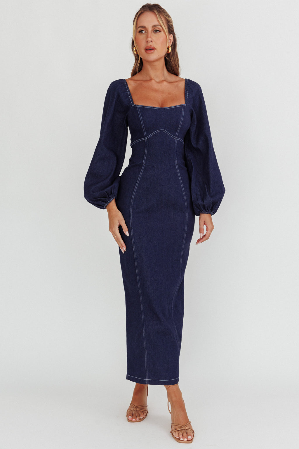 Bay Side Long Sleeve Denim Midi Dress Indigo by Selfie Leslie