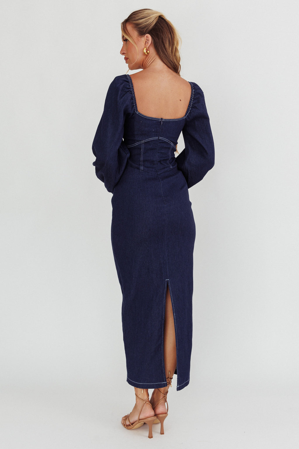 Bay Side Long Sleeve Denim Midi Dress Indigo by Selfie Leslie
