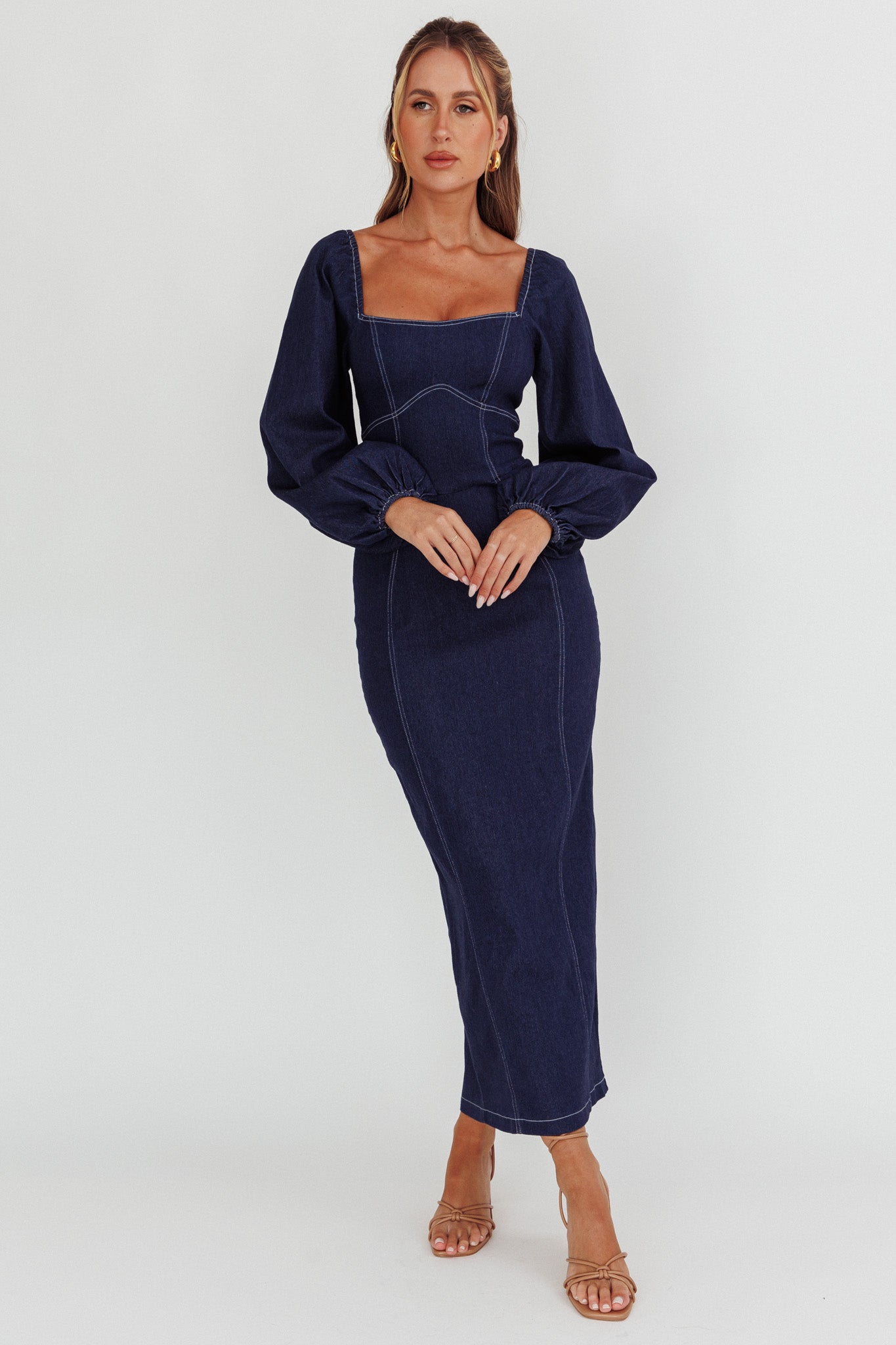 Bay Side Long Sleeve Denim Midi Dress Indigo Selfie Leslie Bay Side Long Sleeve Denim Midi Dress Indigo Selfie Leslie