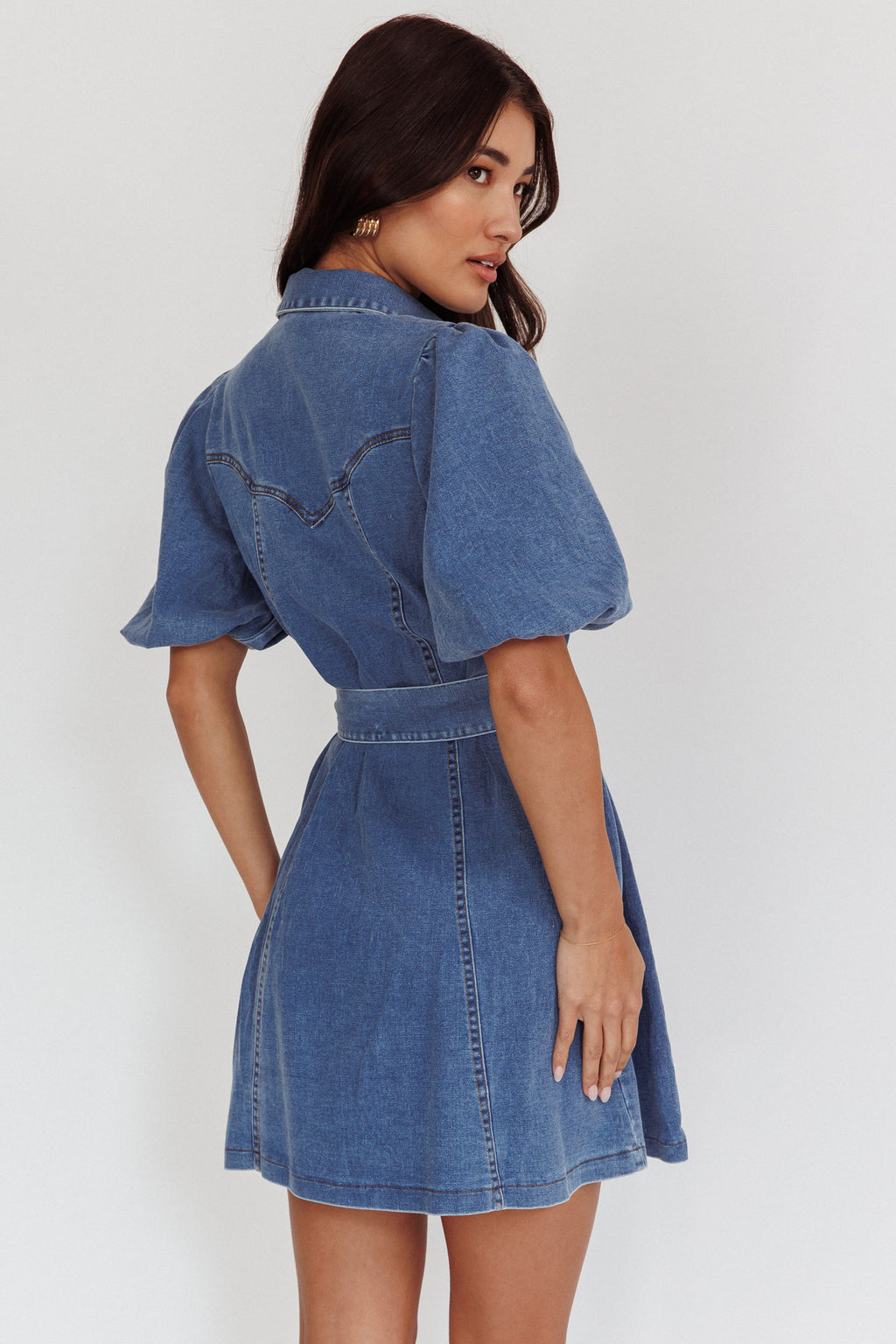 Myleigh Puff Sleeve Waist Tie Mini Dress Denim Blue by Selfie Leslie
