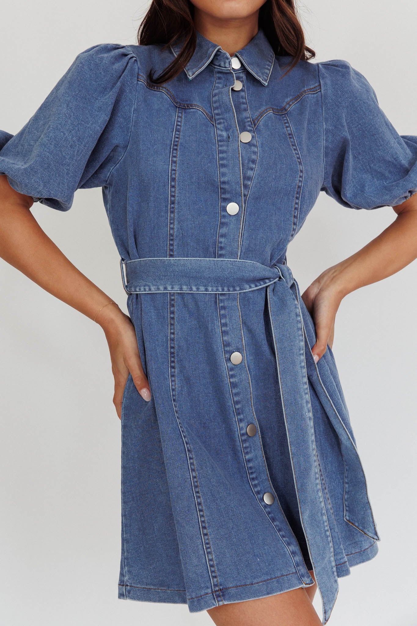 Myleigh Puff Sleeve Waist Tie Mini Dress Denim Blue by Selfie Leslie