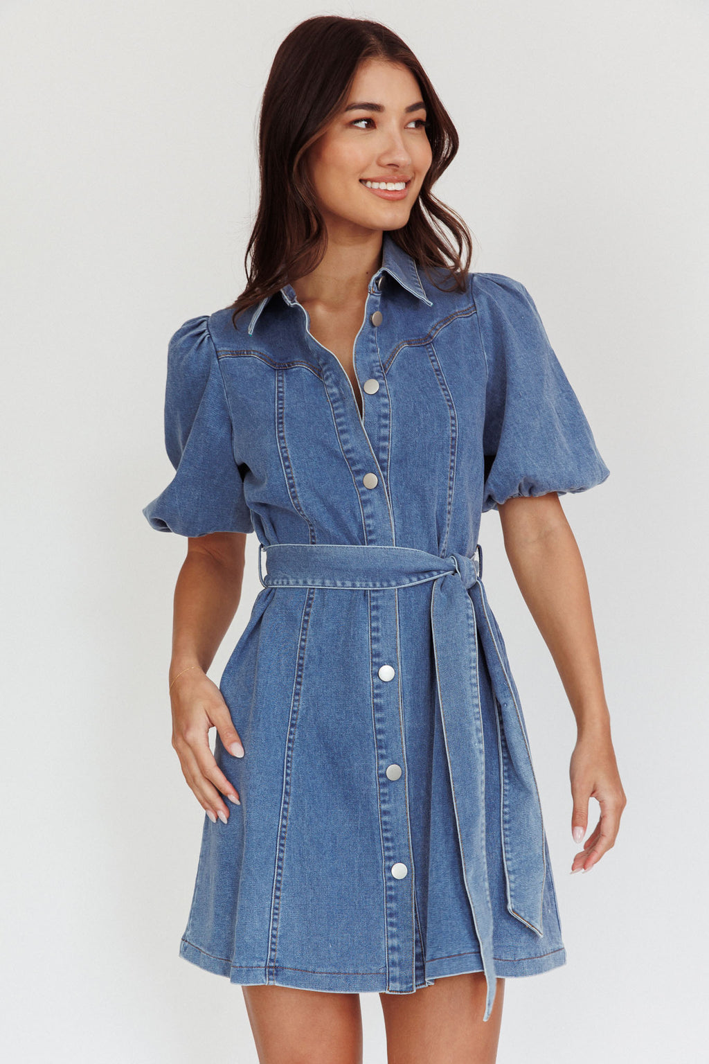 Myleigh Puff Sleeve Waist Tie Mini Dress Denim Blue Selfie Leslie Myleigh Puff Sleeve Waist Tie Mini Dress Denim Blue Selfie Leslie
