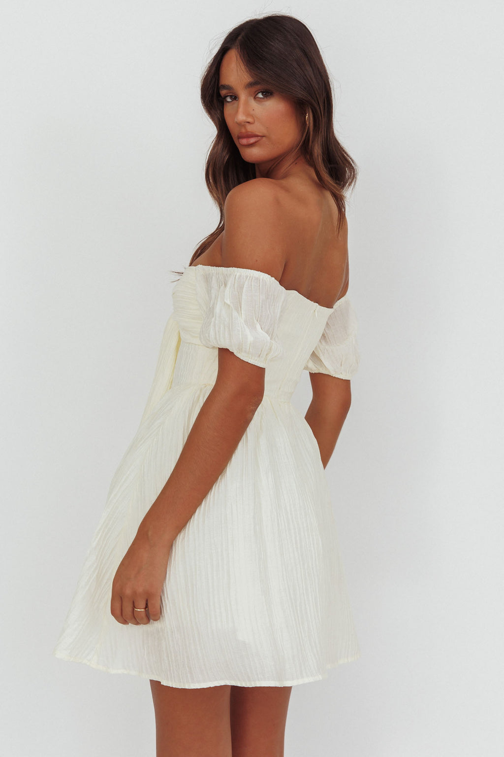 Perfect Worlds Off-Shoulder Mini Dress Textured Ivory by Selfie Leslie