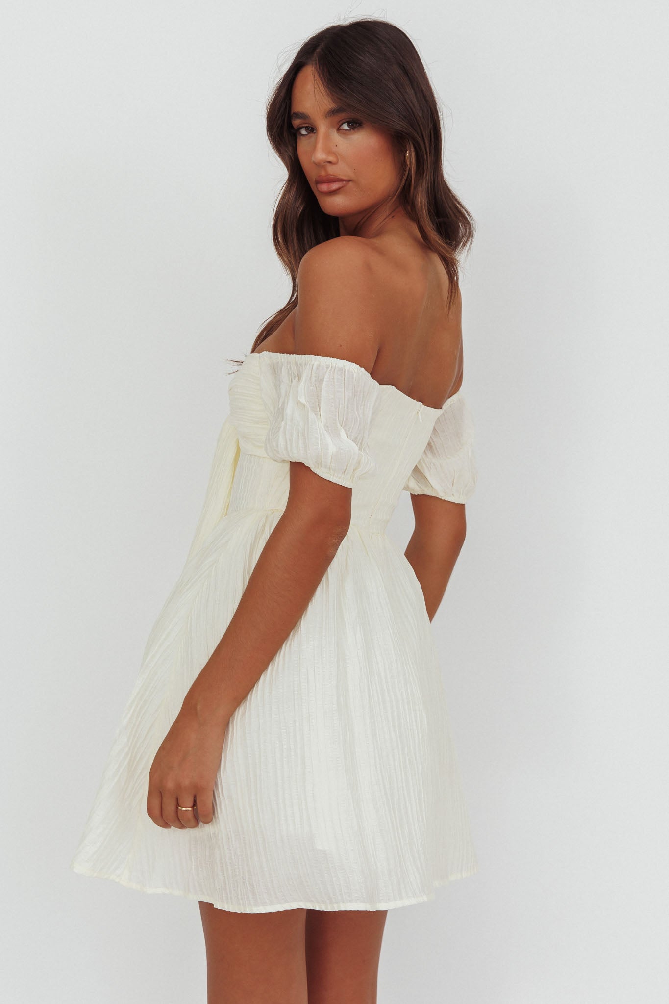 Perfect Worlds Off-Shoulder Mini Dress Textured Ivory by Selfie Leslie