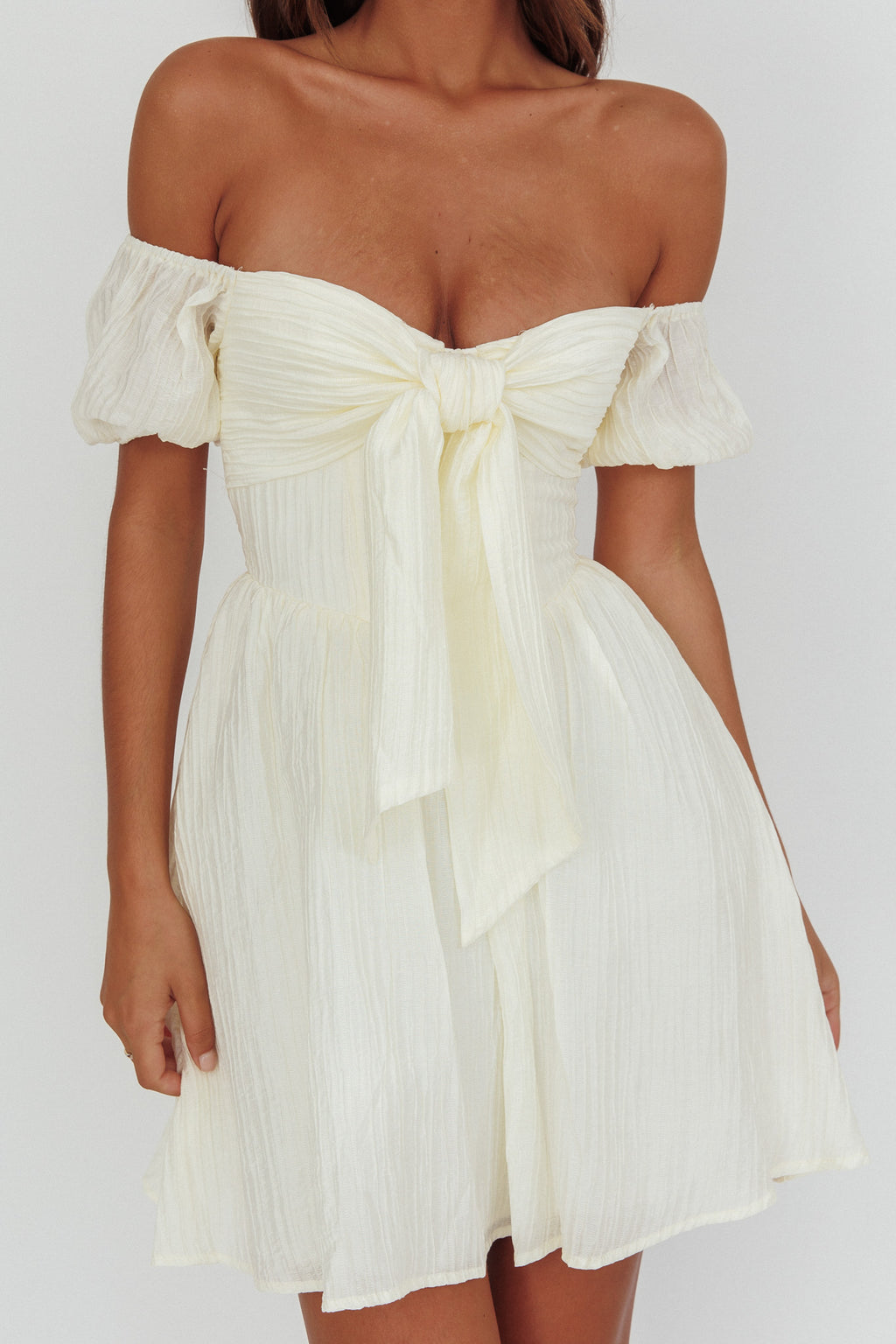 Perfect Worlds Off-Shoulder Mini Dress Textured Ivory by Selfie Leslie