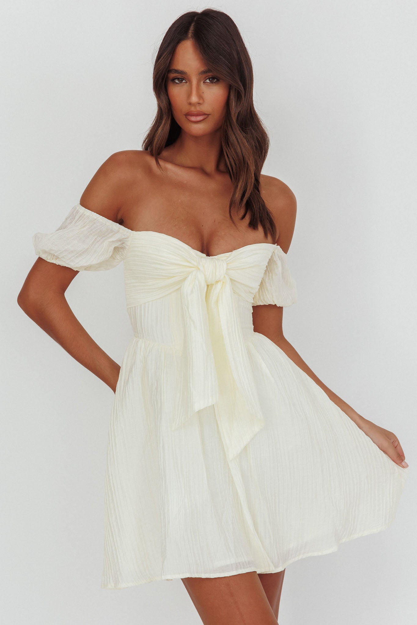 Perfect Worlds Off-Shoulder Mini Dress Textured Ivory by Selfie Leslie