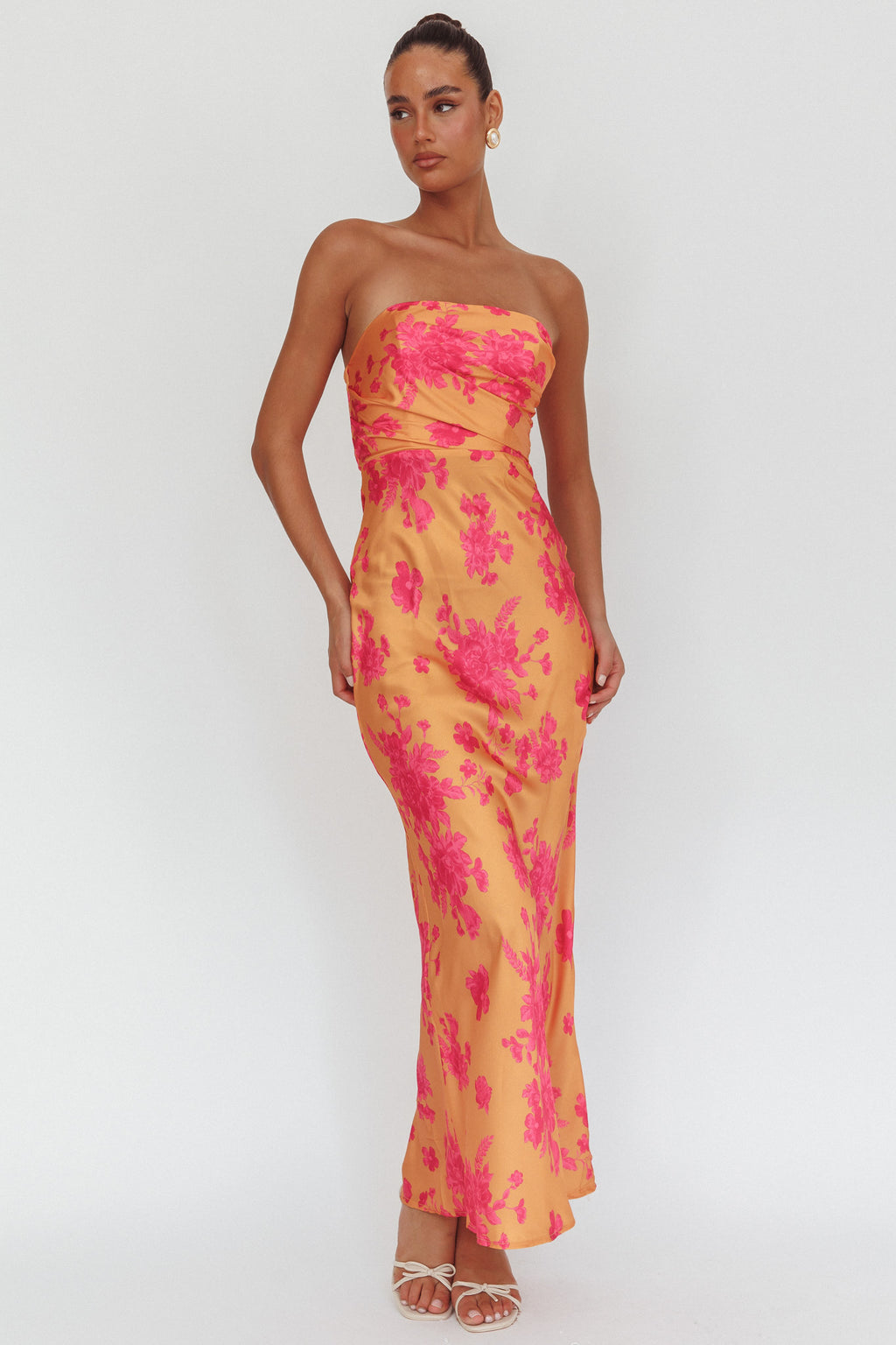 City Of Stars Strapless Maxi Dress Floral Orange by Selfie Leslie