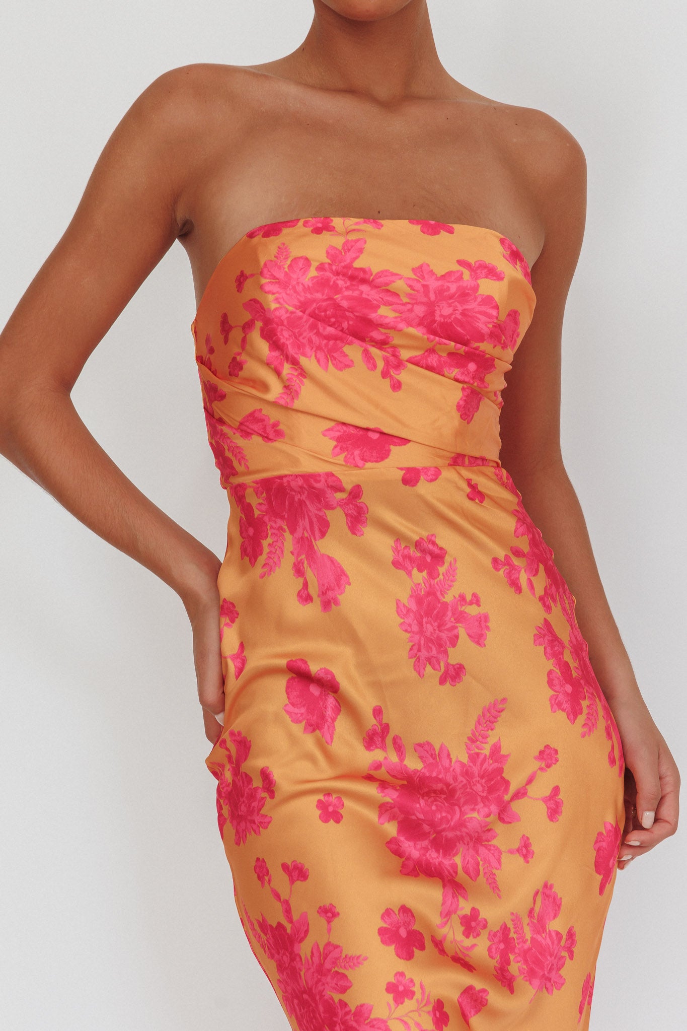 City Of Stars Strapless Maxi Dress Floral Orange by Selfie Leslie