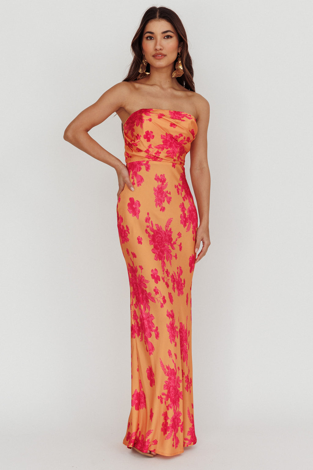 City Of Stars Strapless Maxi Dress Floral Orange by Selfie Leslie