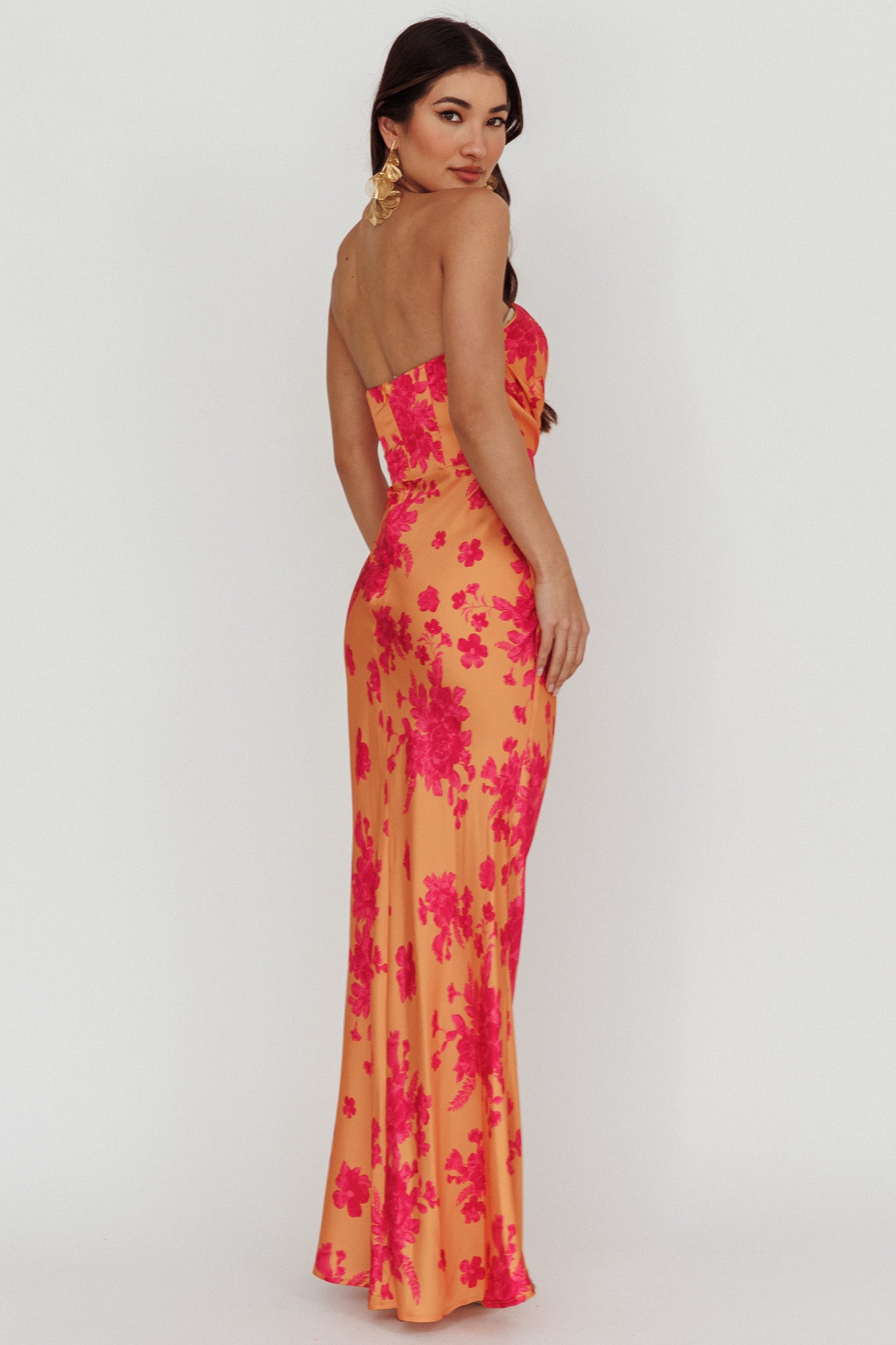 City Of Stars Strapless Maxi Dress Floral Orange by Selfie Leslie